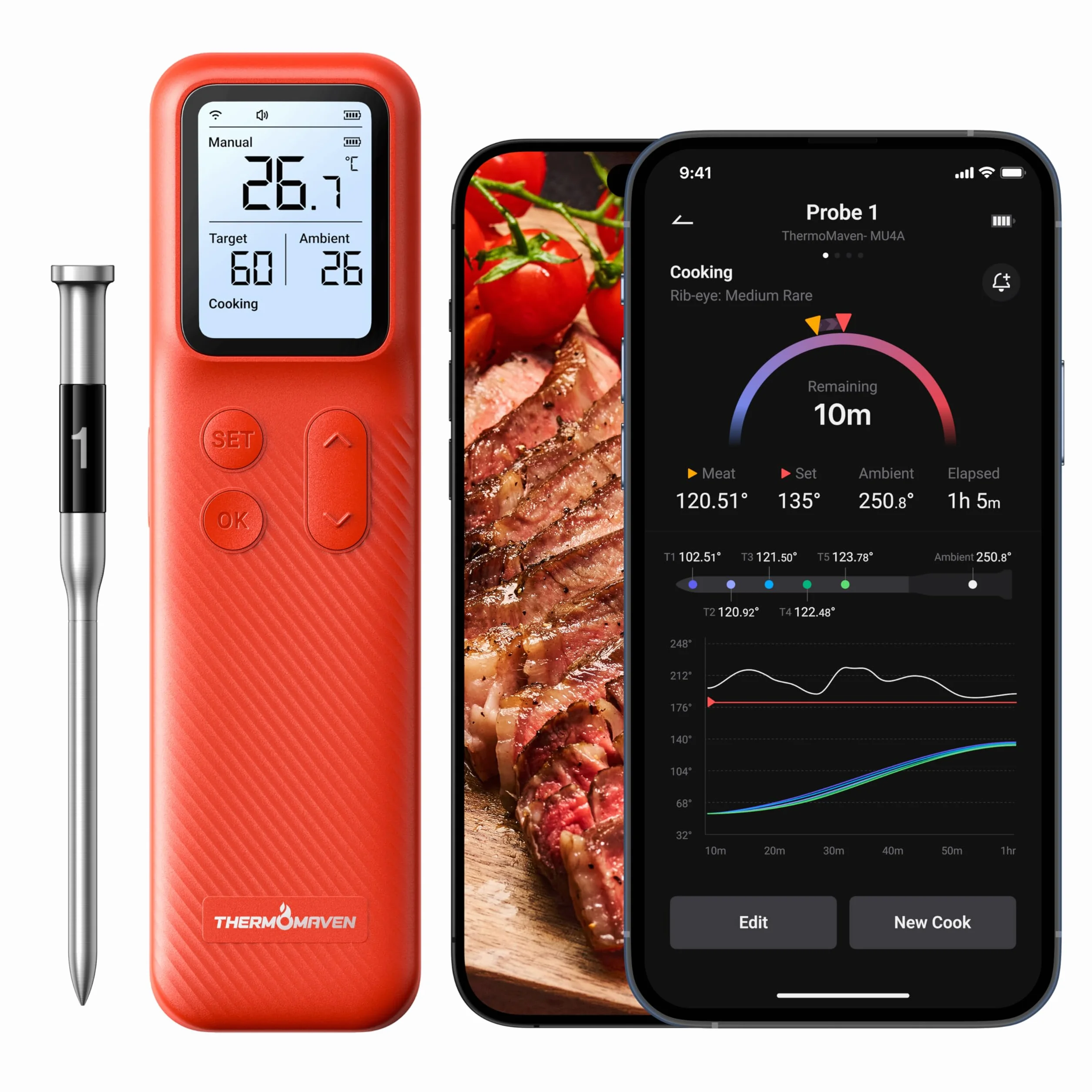 ThermoMaven P1 Termometro Intelligente per Carne Senza Fili – 152m Bluetooth 5.3, 1 Sonda 6 Sensori, Impermeabile IPX8