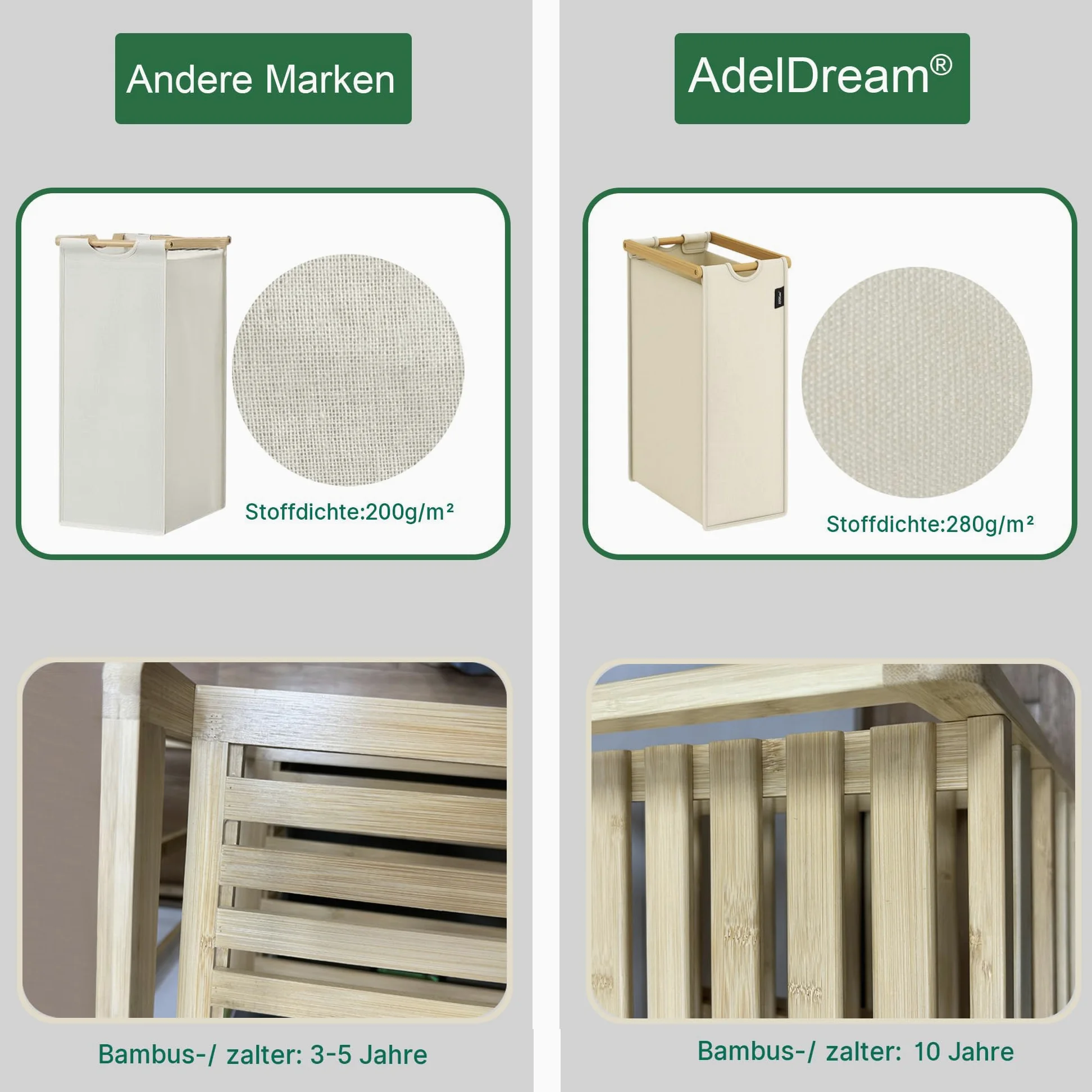 AdelDream B0FCXLP1 - Cesto portabiancheria a 4 scomparti, 140 l, con cestino, con 2 sacchetti per la biancheria e 2 scatole di stoffa con ripiano, in bambù, per la biancheria, colore: Beige
