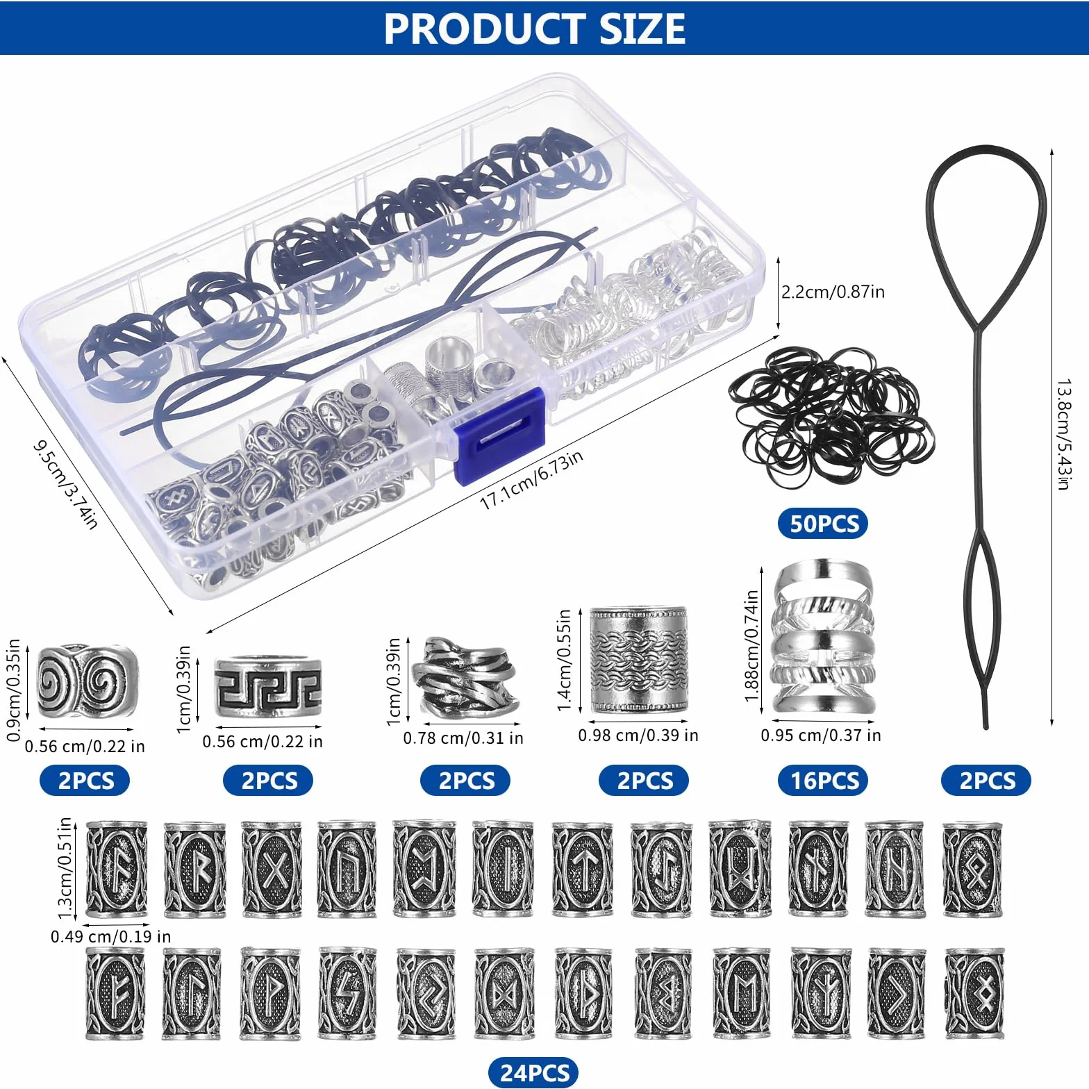 48 Pz Perline per Barba in Metallo Vikingo, Accessori Dreadlocks Treccia con 50 Elastici