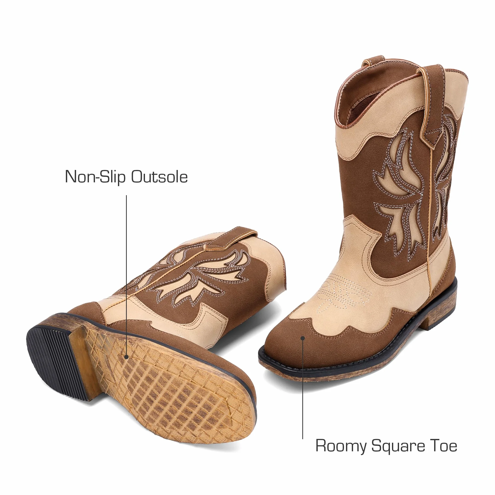 DREAM PAIRS Stivali da cowgirl per ragazze, punta quadrata, metà polpaccio, scarpe da equitazione occidentali