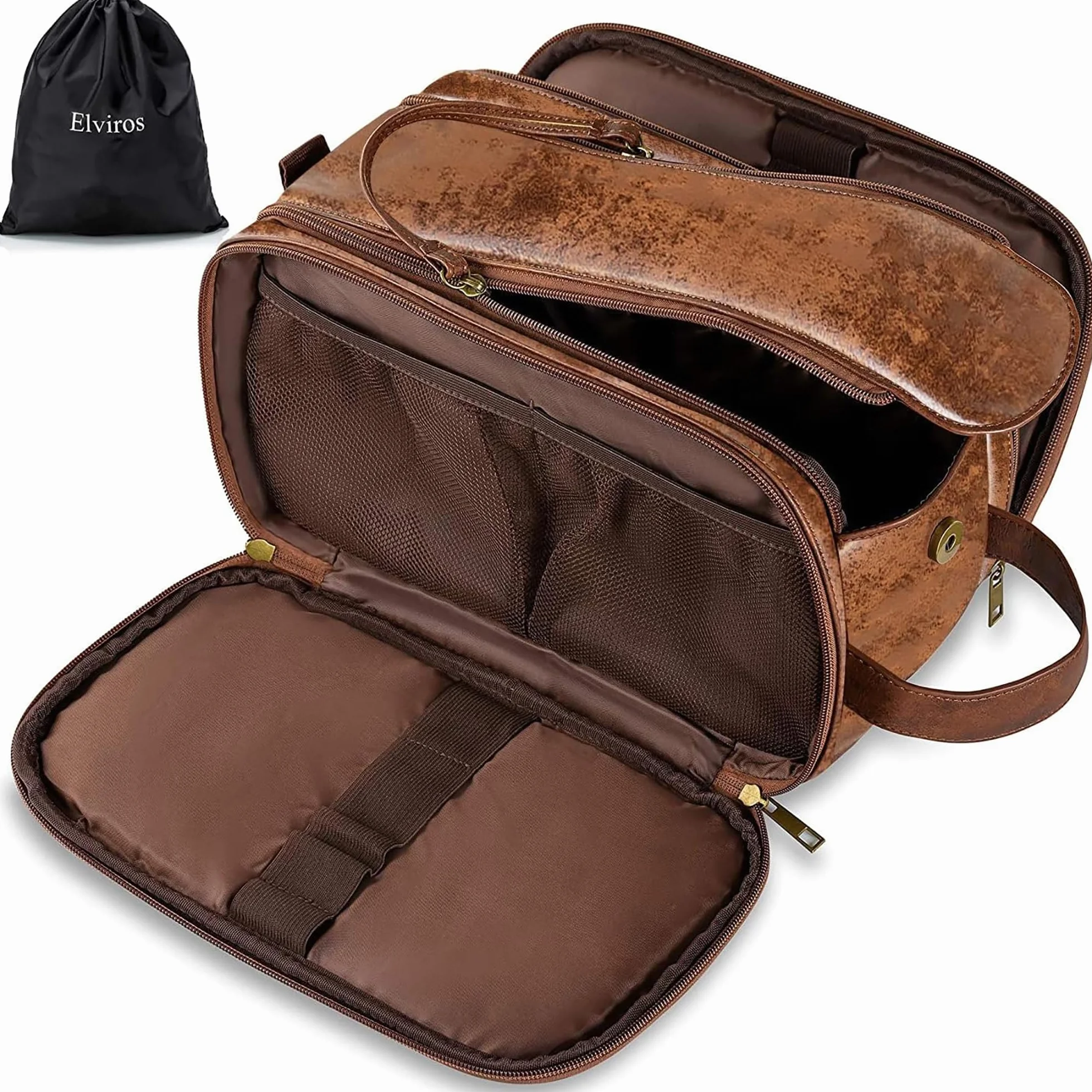 Elviros Borsa da Toilette Uomo Impermeabile in PU, Beauty Case Grande per Viaggio con Organizzatore, Borsa Igiene Personale per Palestra e Lavoro, Marrone scuro, 24 * 14 * 14cm