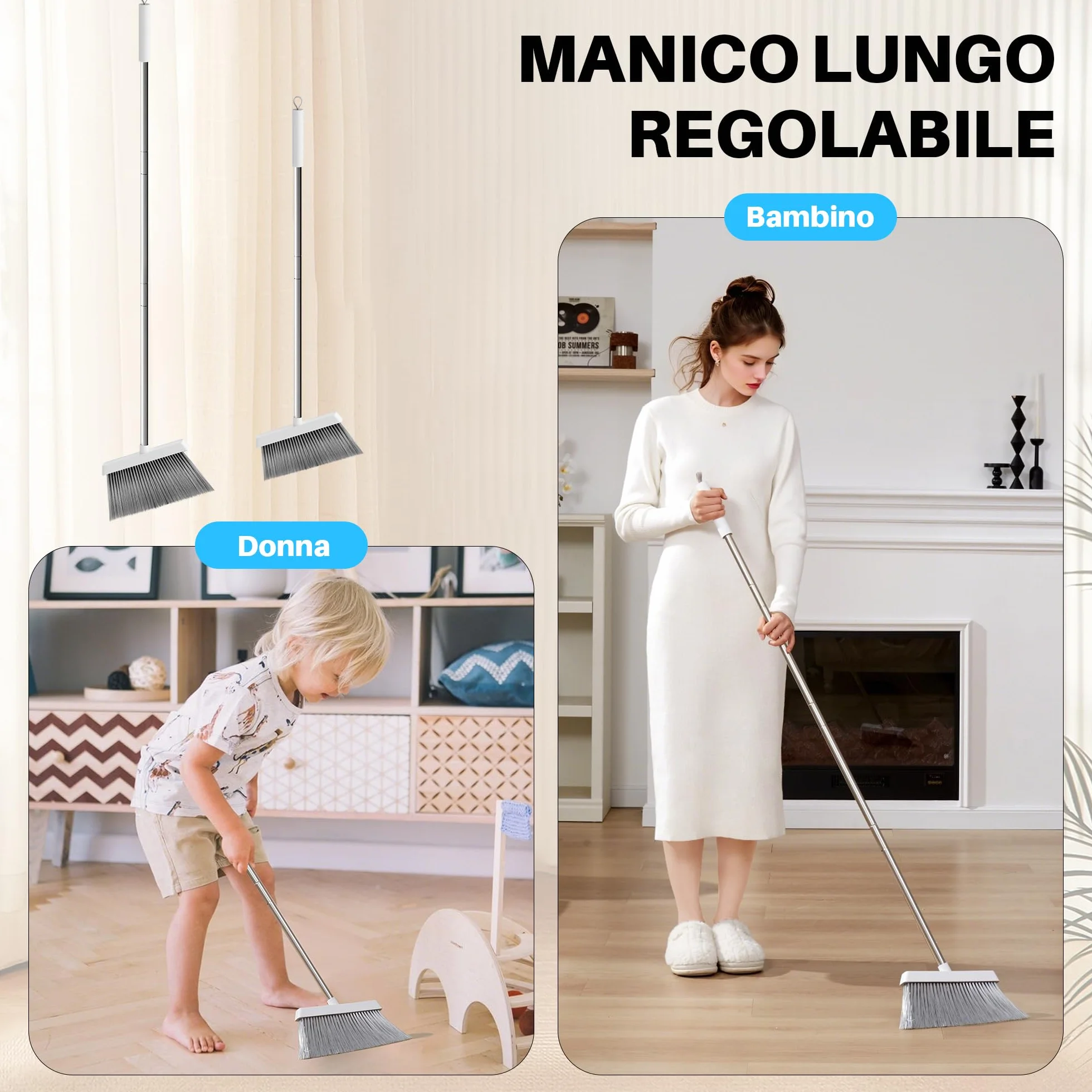JOYMOOP set scopa e paletta, paletta e spazzola con manico lungo, scopa senza bisogno di piegarsi per uso interno ed esterno, bianco e grigio