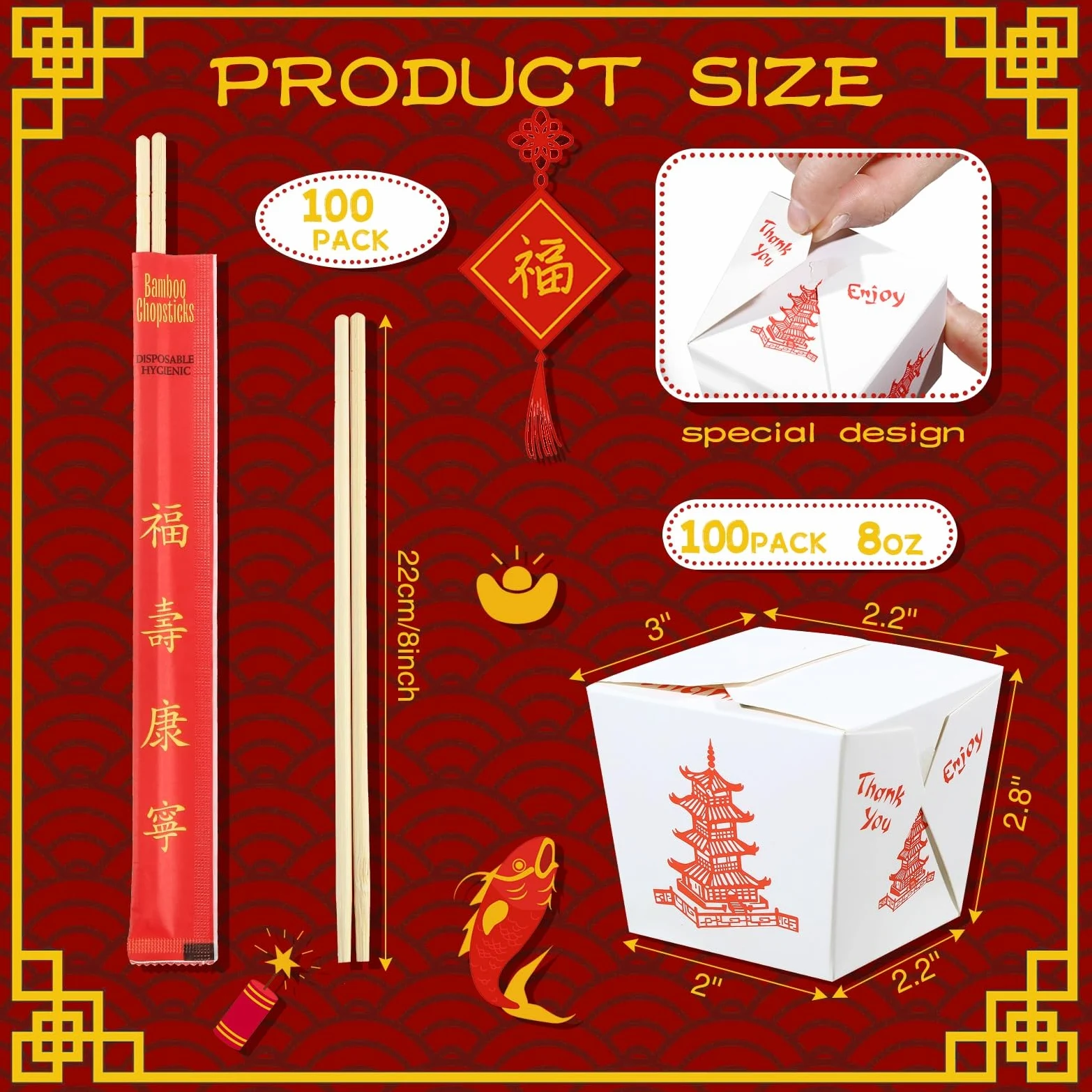Scatole cinesi da asporto con bacchette, contenitori per alimenti in carta pagoda con maniche e bacchette usa e getta separate, per decorazioni per feste asiatiche, bomboniere, compleanni, matrimoni,