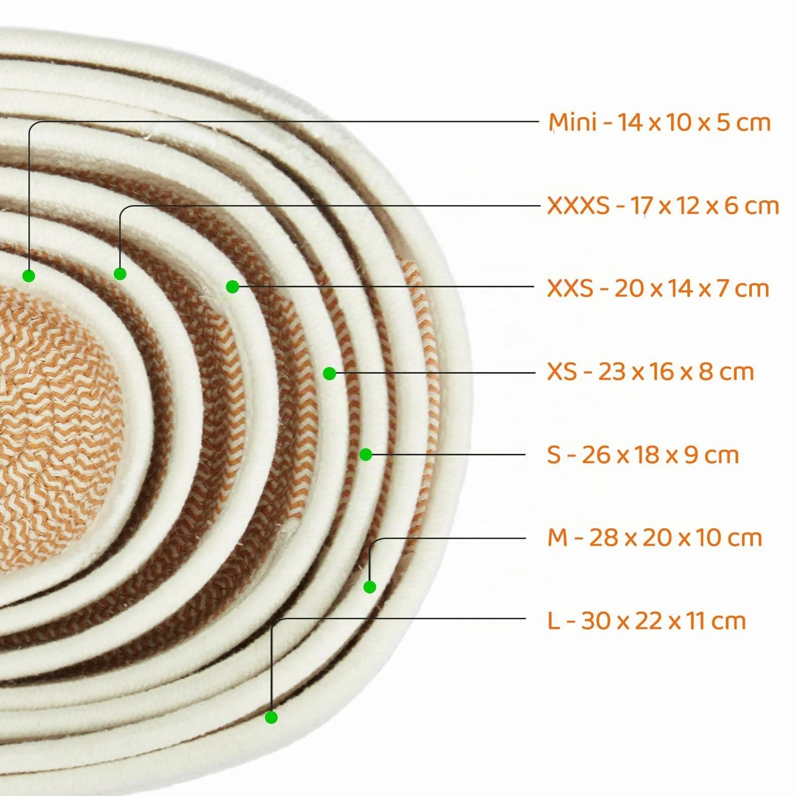Mangata Piccoli cestini decorativi ovali da forno, in corda di cotone, vuoti, per mensole, chiavi, asciugamani e vaso, senza pieghe, materiale morbido, inodore (Zenzero misto, set da 7)