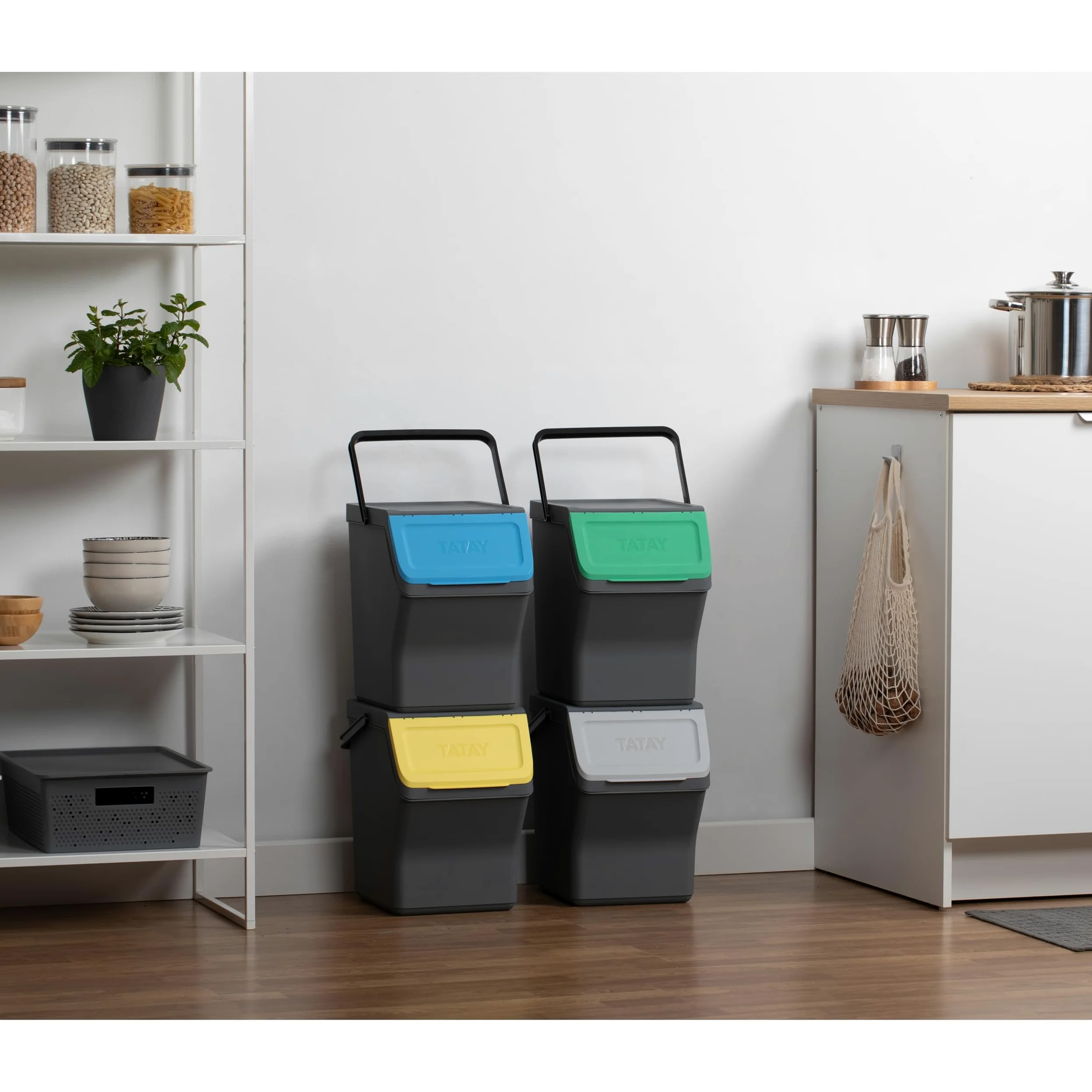 TATAY Contenitori Differenziata Easy Waste 20L | Set da 4 | Design Modulabile e Impilabile | Coperchio con Sistema Click | Manico Integrato per il Trasporto | Materiale Riciclato | 35x27x36cm, Grigio