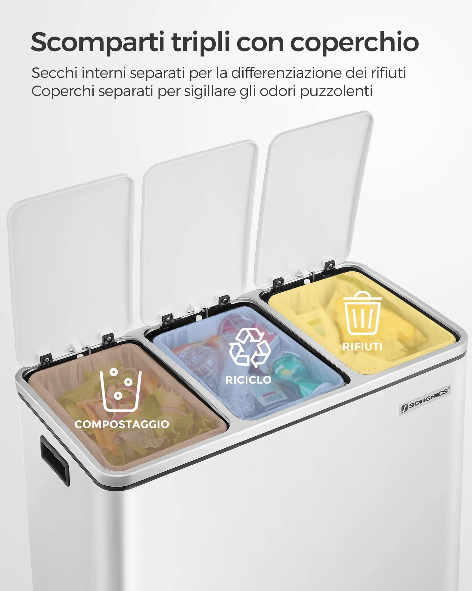 SONGMICS Cestino da Cucina, Pattumiera per Raccolta Differenziata 3 x 18L, 3 Scomparti per Riciclaggio, Coperchi a Chiusura Morbida, Pedali, Acciaio, Bianco Nuvola LTB54WT