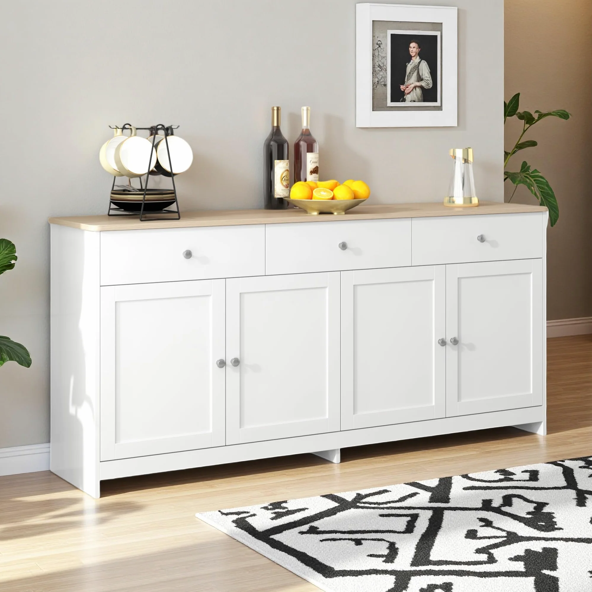 Credenza, cassettiera con 4 ante e 3 cassetti, credenza con ripiani regolabili, armadietto a buffet, per soggiorno, sala da pranzo, cucina, corridoio, natura e bianco (bianco, 160 x 37 x 75)