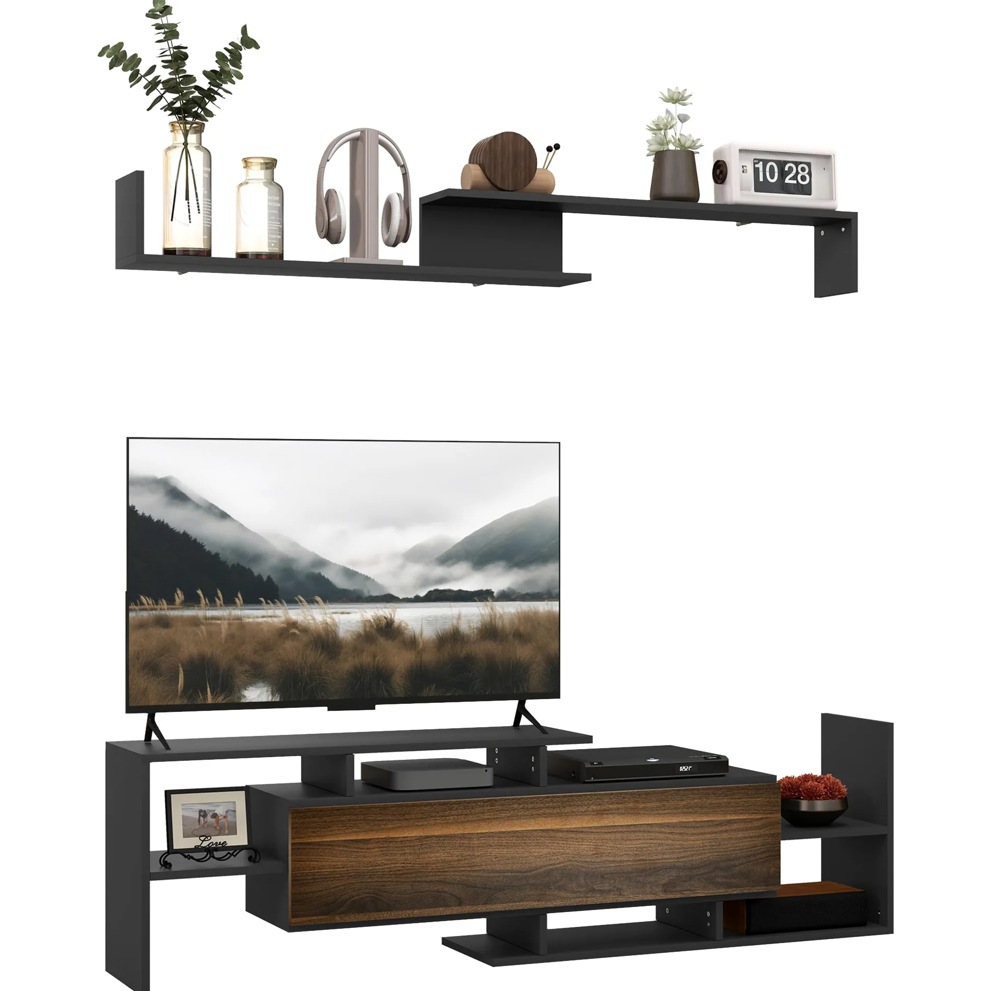 HOMCOM Mobile TV con Mensola a Muro, Ripiani Aperti e Armadietto in Legno, Mobile TV Moderno per Soggiorno e Camera da Letto, Nero e Marrone