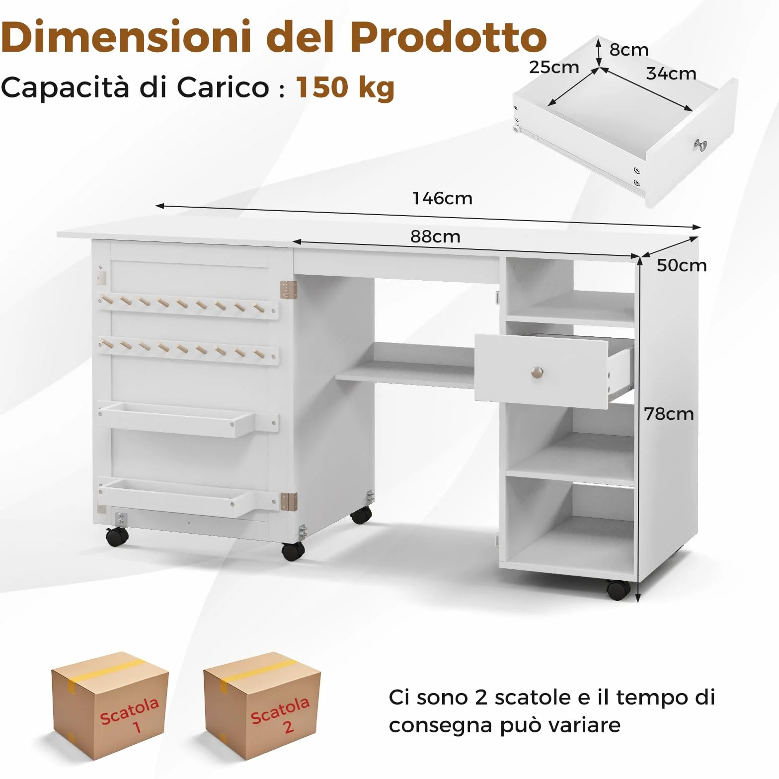 RELAX4LIFE Tavolo da Cucito Pieghevole su Ruote con Ripiani e Cassetto