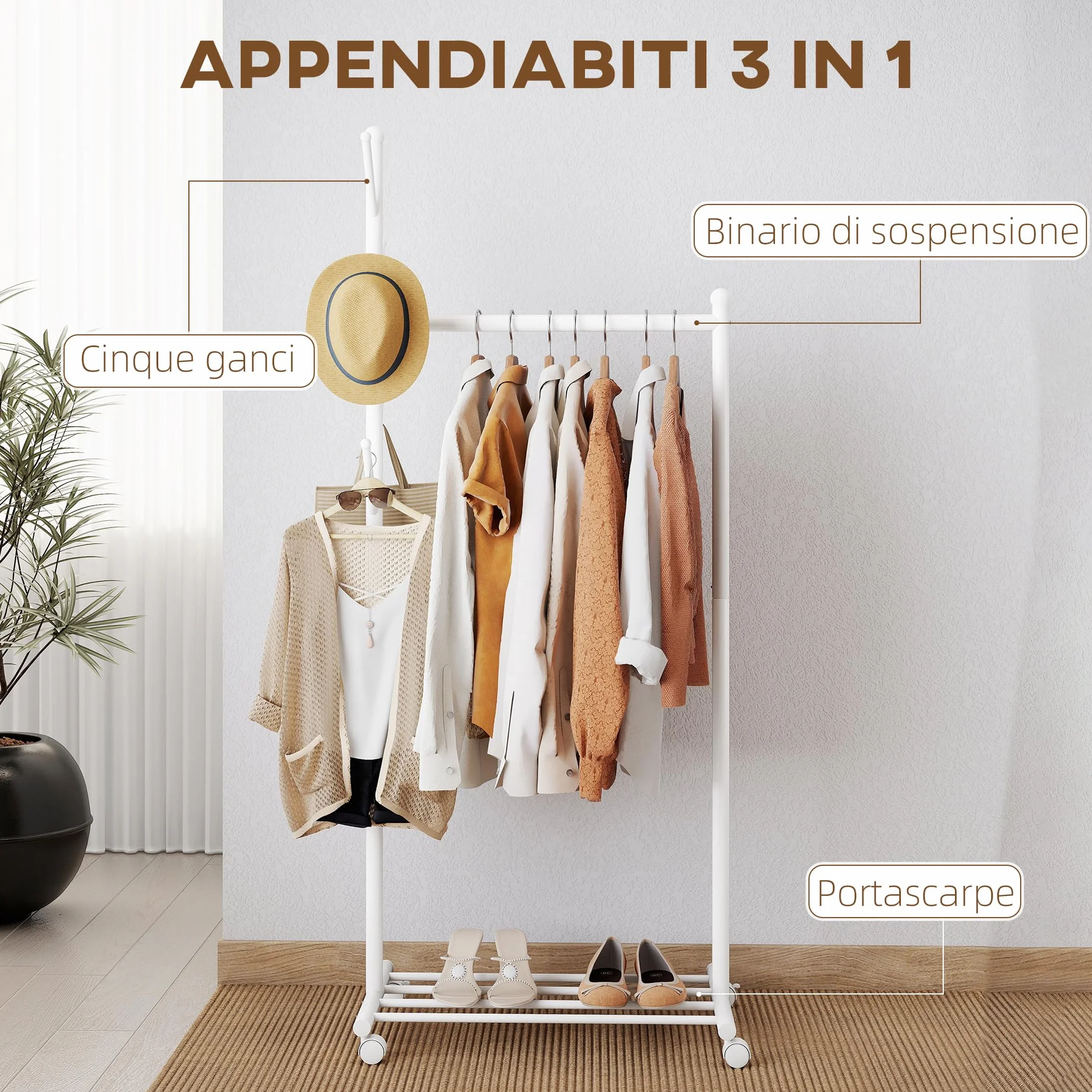 HOMCOM Appendiabiti da Terra con Ruote, Stender per Abiti con 5 Ganci e Ripiano Inferiore Porta Scarpe, per Camera, Ingresso e Corridoio, Bianco