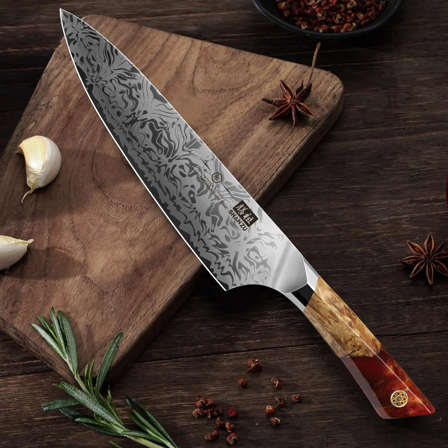 Coltelli da Cucina SHAN ZU Damasco 91 Strati, Coltello da Chef Giapponese in Acciaio SG2 20 cm, Forgiato a Mano con Manico in Acero