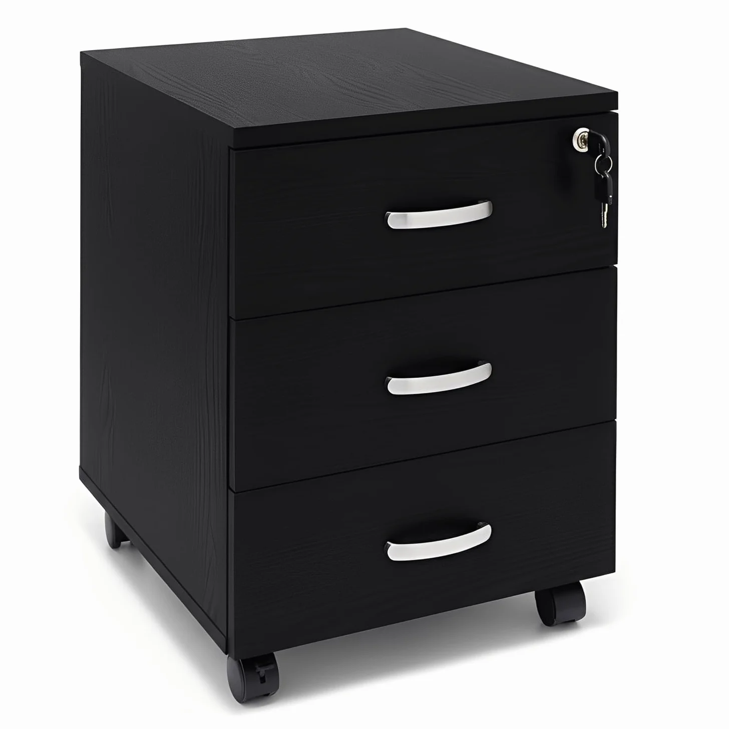 Marvin Cassettiera Ufficio In Legno Chiave Sicurezza Con Ruote Per Scrivania Tavolo 3 Cassetti Ripiani (Nero)