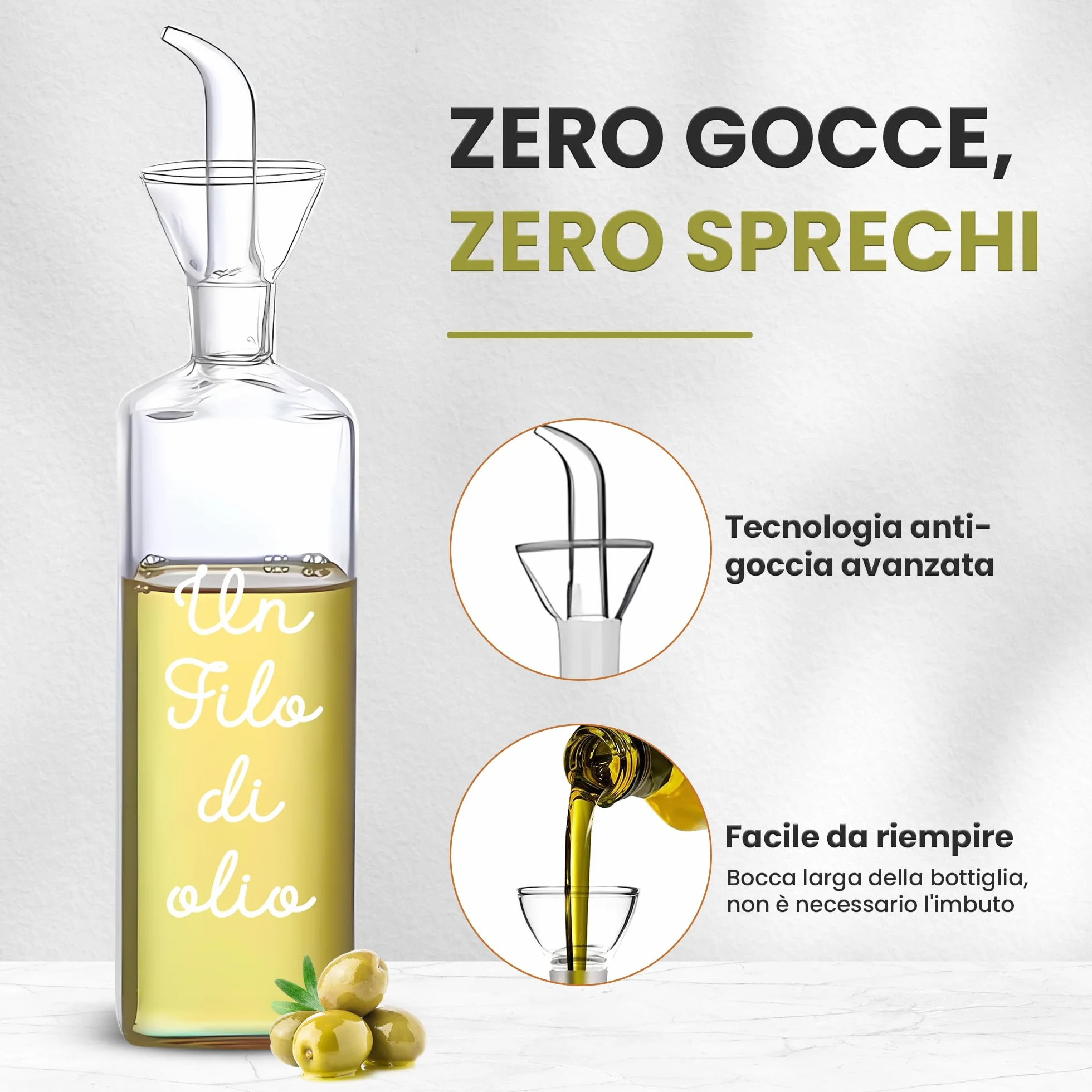 WELCOMAT Oliera Salvagoccia Da Tavola Un Filo D'Olio In Vetro 500ml 0,5 litri Con Dosatore