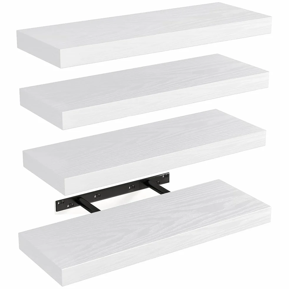 BAKAJI Mensole da Parete in Legno Massiccio 40x14x3 cm Bianco, Scaffali a Muro con Staffe a Scomparsa in Metallo