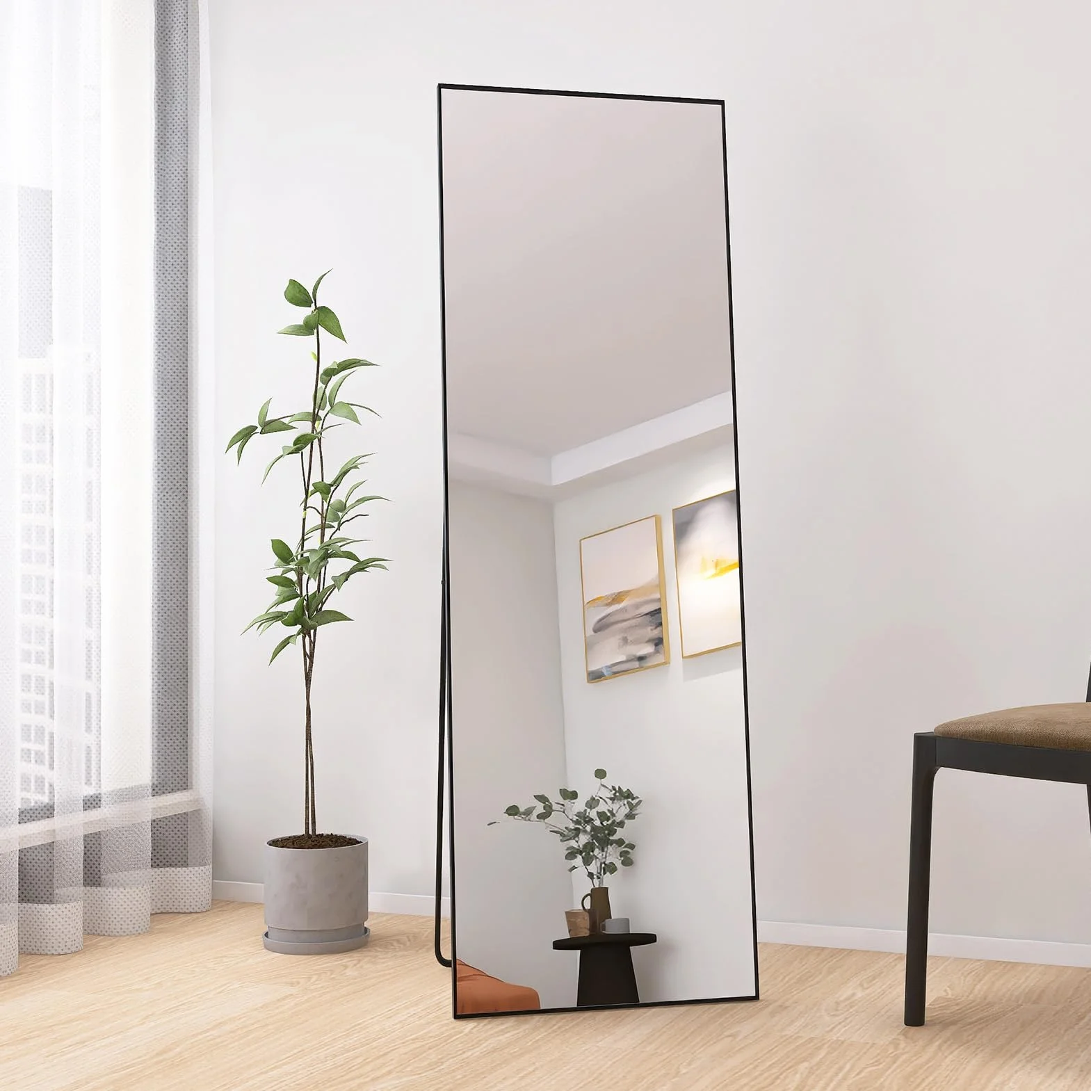 Specchio Rettangolare da Pavimento 162x53cm Grande Specchio Bombato Con Telaio In Lega Di Alluminio Vetro Temperato Appoggio A Terra O Inclinabile Per Camera Soggiorno Spogliatoio (Nero)