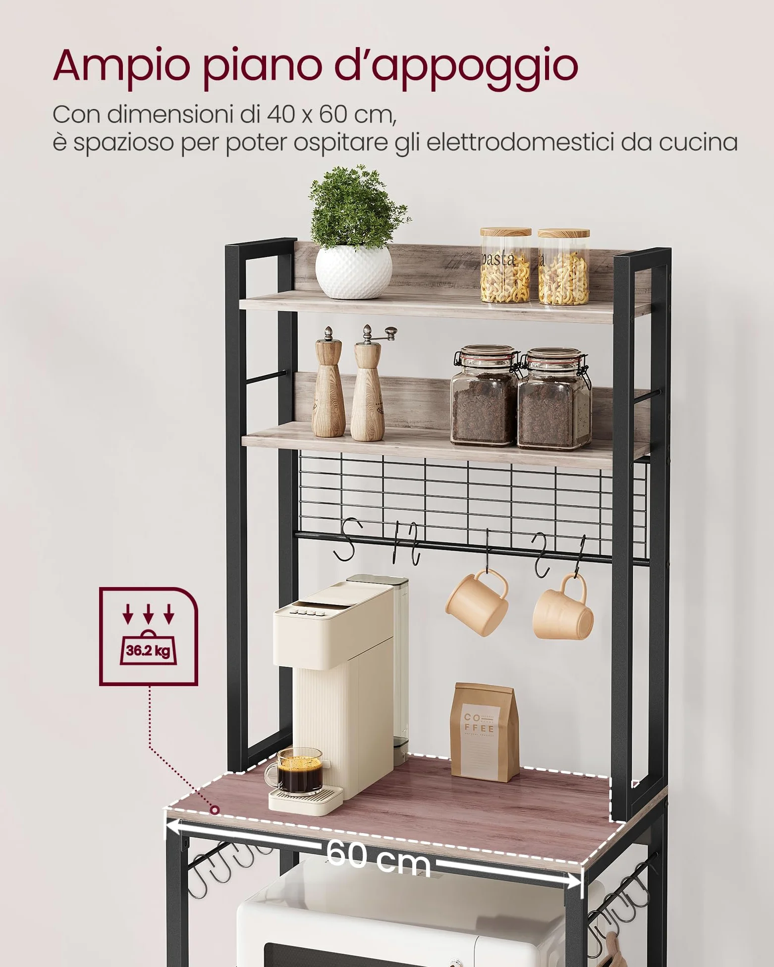 VASAGLE Scaffale Cucina con Multipresa, Scaffale per Microonde, Mobile Cucina, con Pannello a Rete Metallica, 14 Ganci, 40 x 60 x 170 cm, Greige e Nero KKS037B02EU
