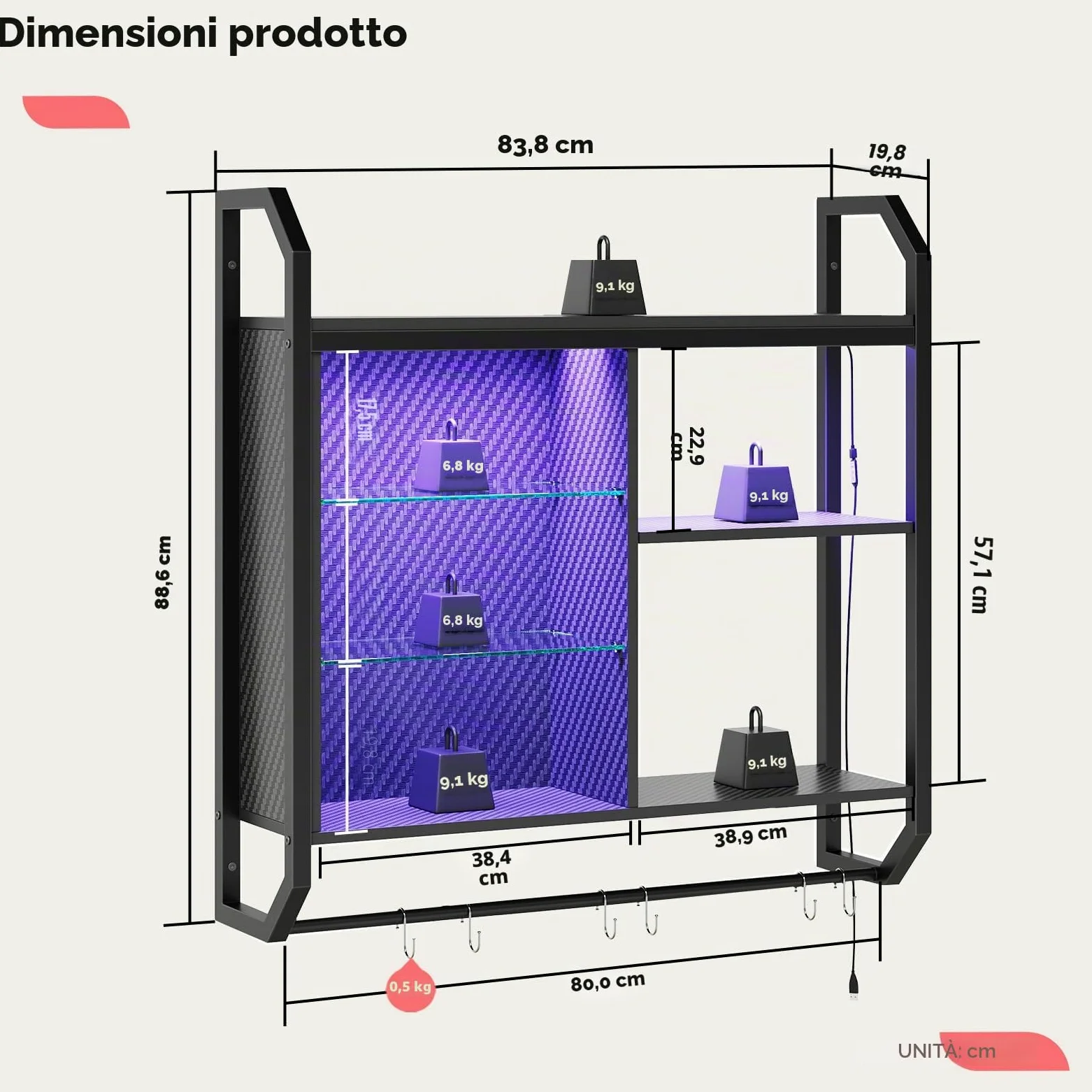 Bestier Mensola da cucina sospesa 84 cm con illuminazione a LED, mensola da parete con 4 ripiani in vetro regolabili per cucina, soggiorno, bar, libreria e sala da gioco, inclusi 6 ganci a S, colore