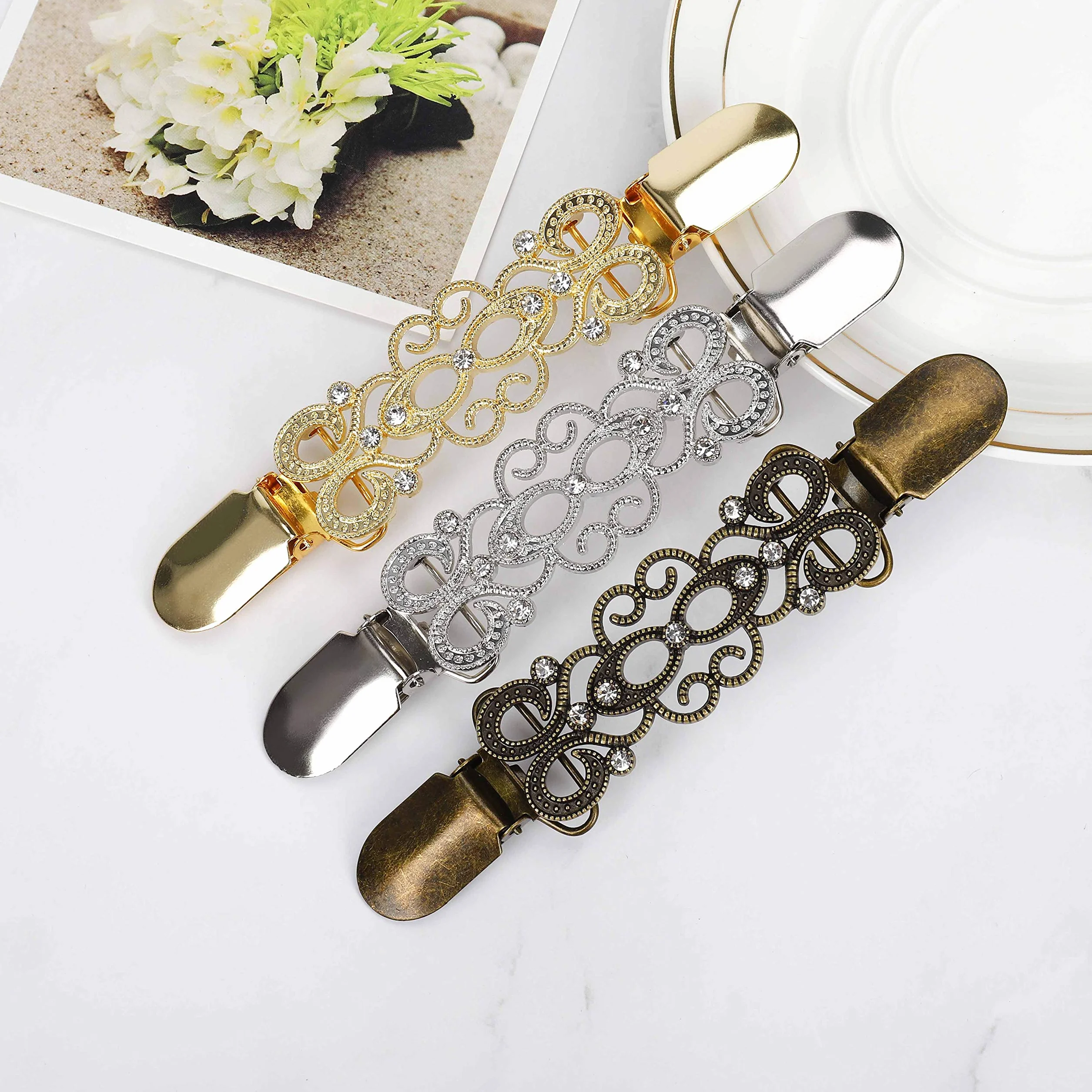 Cardigan Clip Vintage Scialle Strass Fiori Pizzo Maglione Donne 3 Pezzi