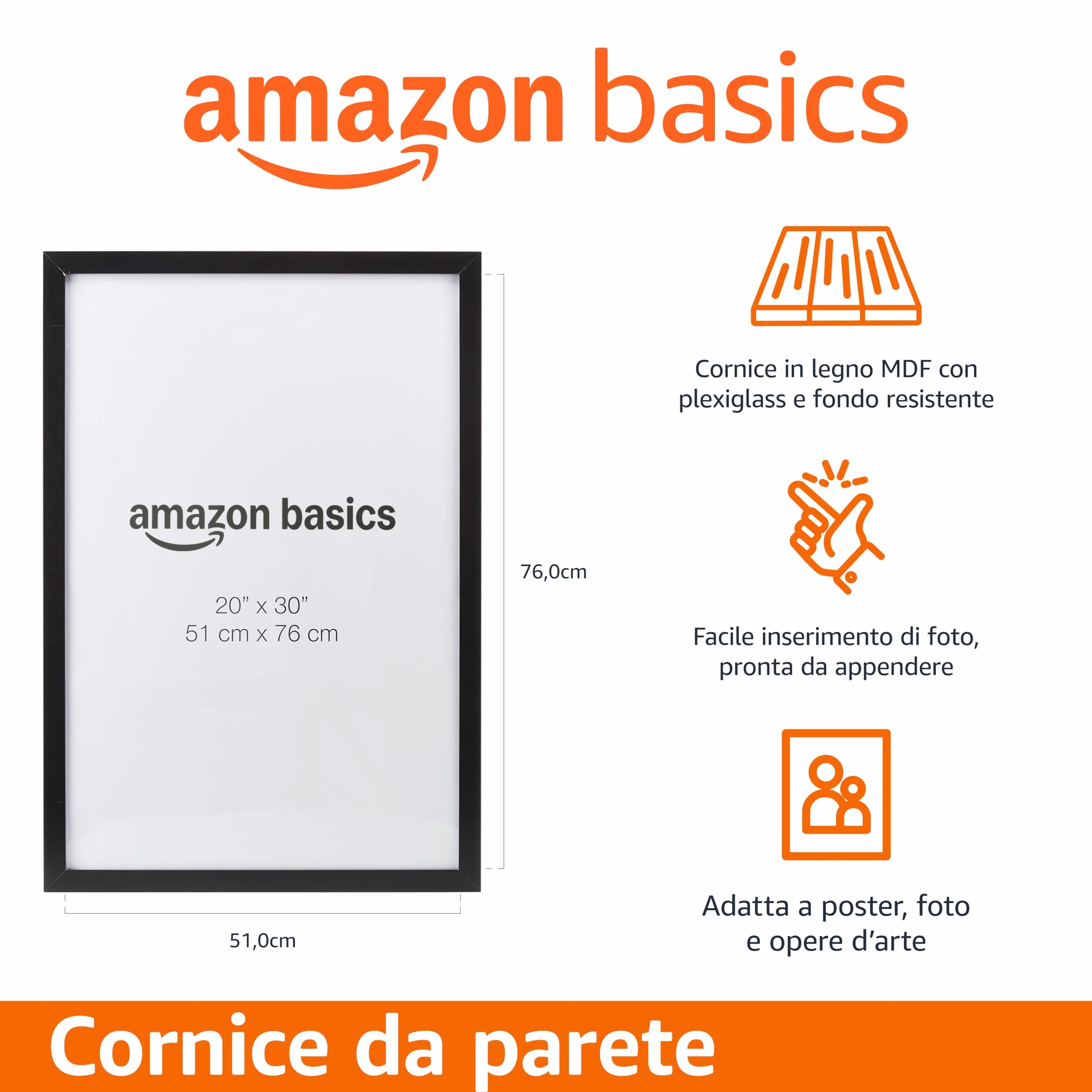 Amazon Basics Cornice Rettangolare in Legno per Poster 51x76cm Nero
