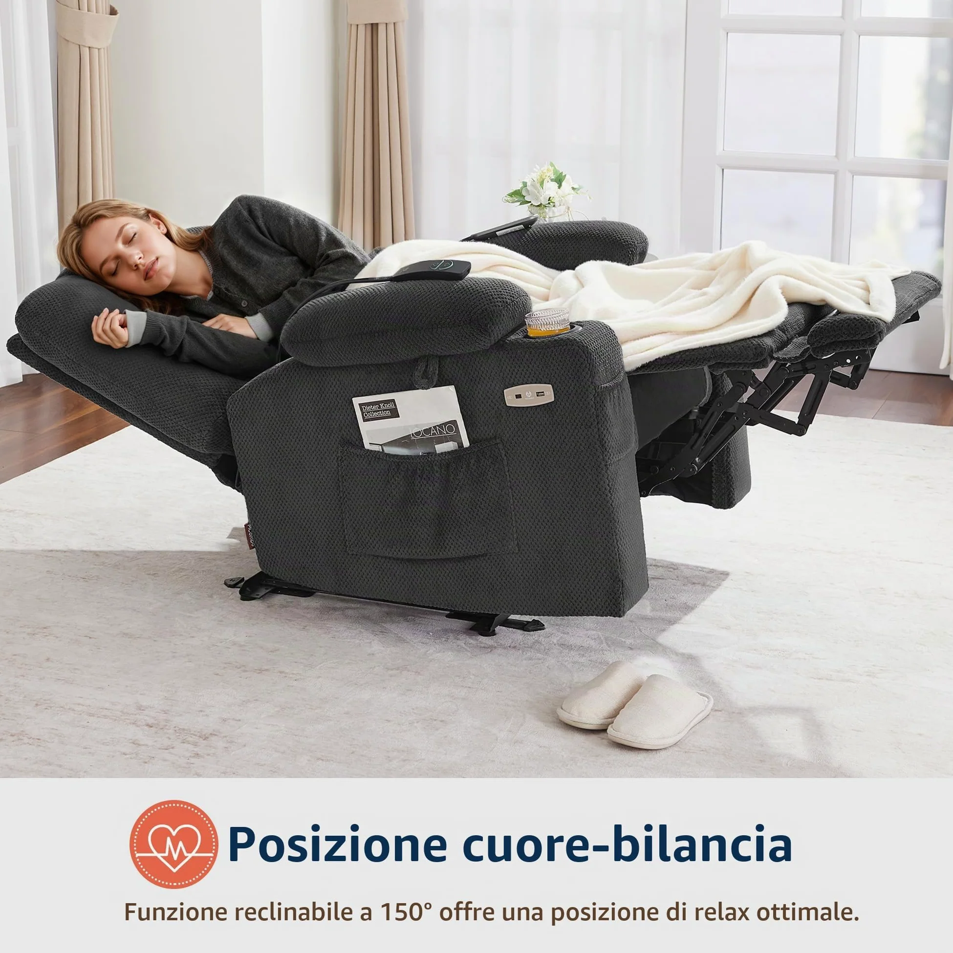 MCombo M Poltrona TV Regolabile elettricamente, poltrona reclinabile con funzione di reclinazione, poltrona TV con funzione Massaggio e Calore, USB e portabicchieri, Tessuto,7008 (grigio scuro)