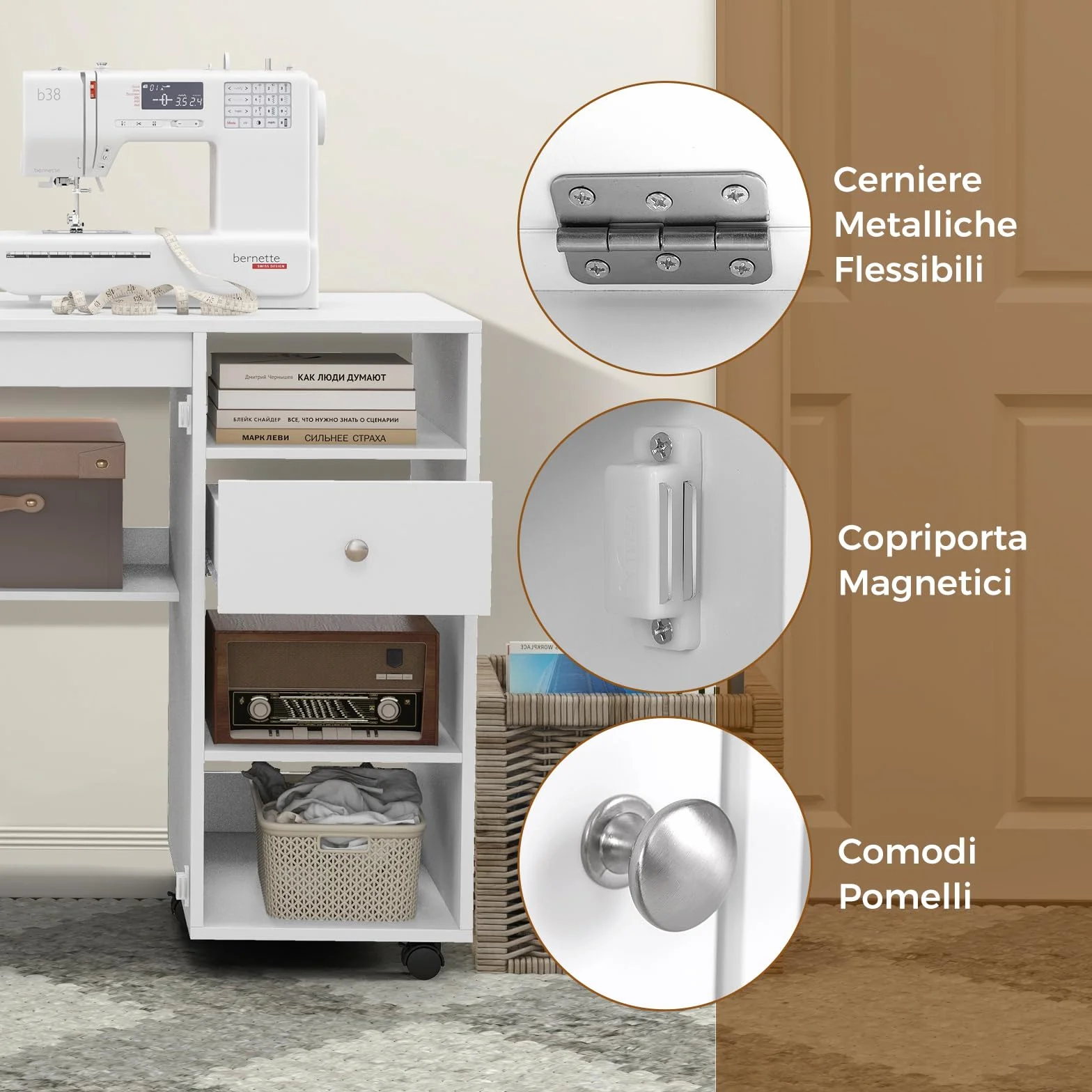 RELAX4LIFE Tavolo da Cucito Pieghevole su Ruote con Ripiani e Cassetto