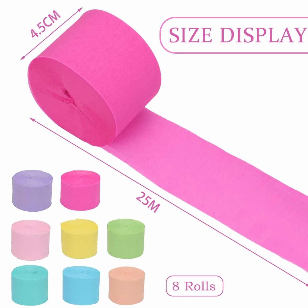 Carta Crespa Colorata 8 Rotoli, Nastro Carta Crespata 4,5 cm x 25 m, Decorazioni per Feste Matrimoni Compleanni