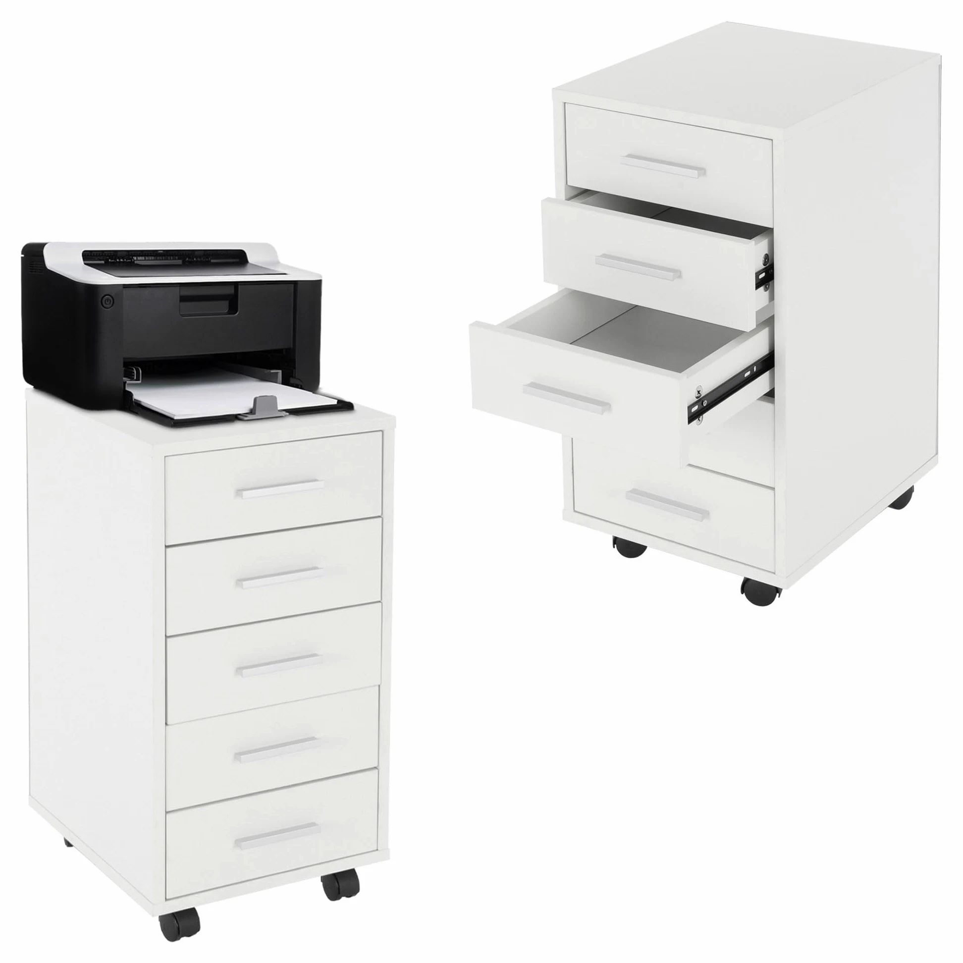ML-Design Set 2x Cassettiera Mobile da Ufficio 33 x 38 x 63,5 cm Bianco con 5 Cassetti Rivestimento a Melamina e Maniglie in Alluminio, Mobiletto Archivio Documenti Armadio Portaoggetti con Ruote