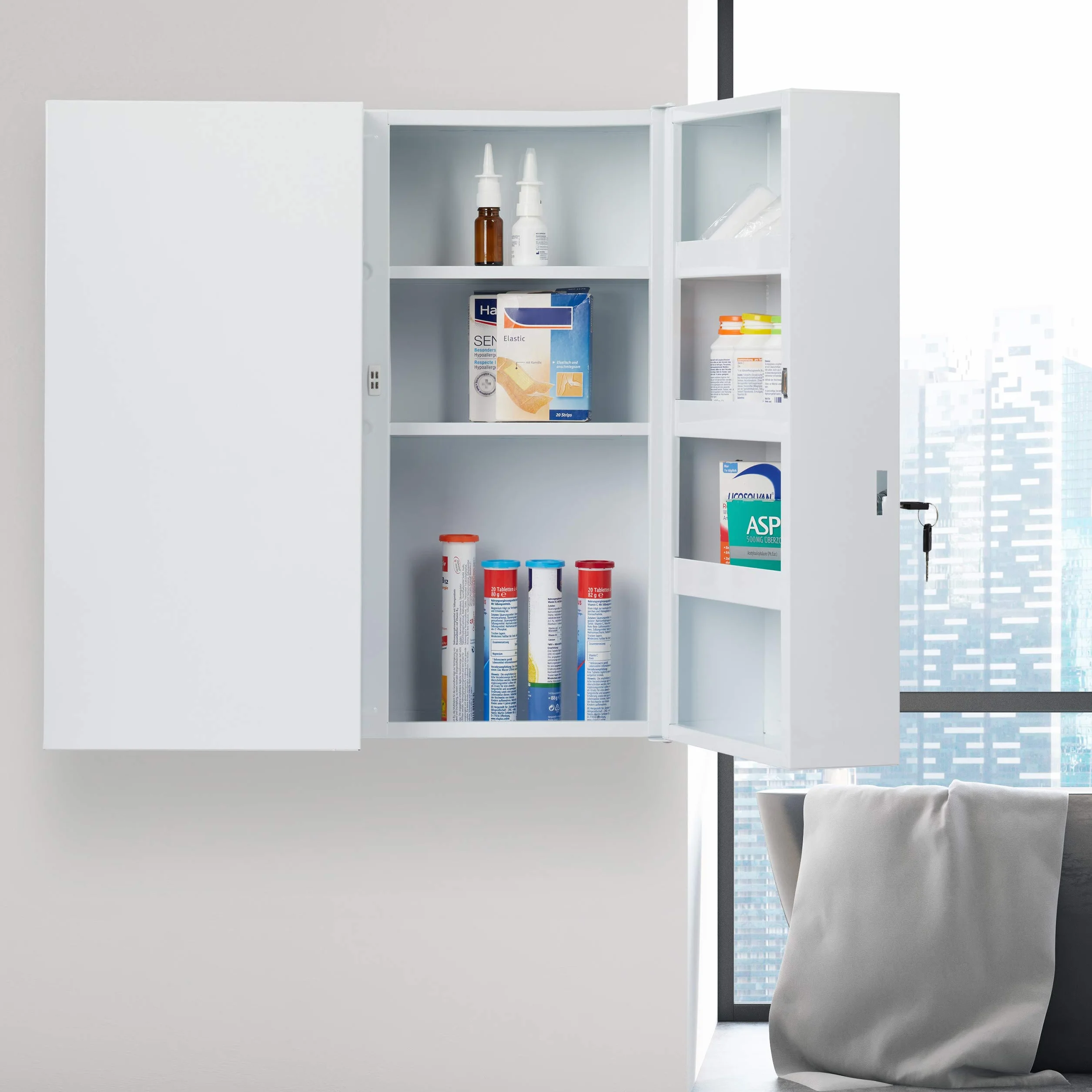 Relaxdays Armadietto Porta Medicinali XXL, 2 Ante, per Medicine, 11 Scomparti, Richiudibile, 53 x 52,5 x 19,5 cm, Bianco