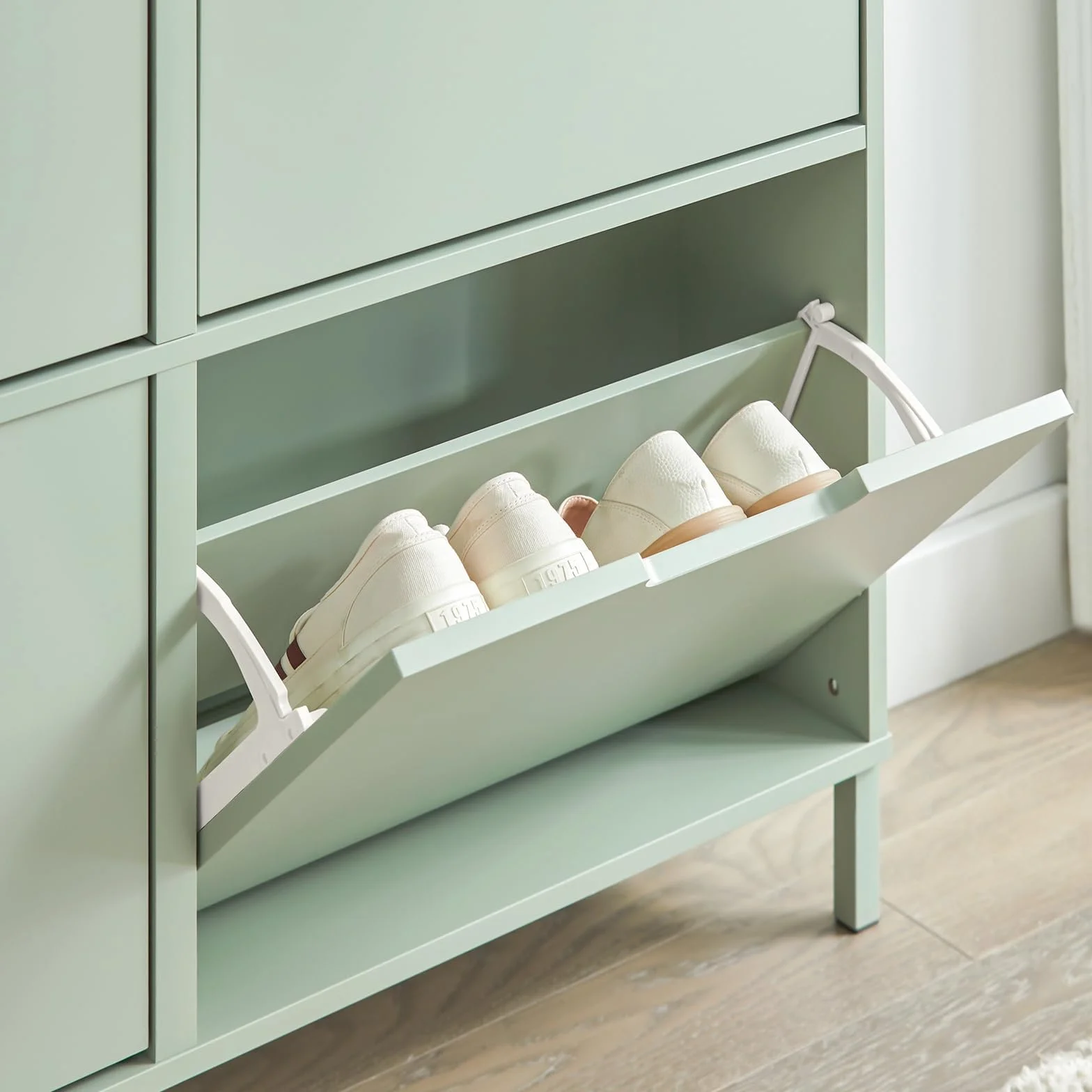 SoBuy Scarpiera Salvaspazio Slim da Ingresso Mobile Portascarpe 4 Ante a Ribalta Regolabili Legno Armadio Alta Stretta Corridoio 100x19x91 cm Verde Chiaro FSR100-GR