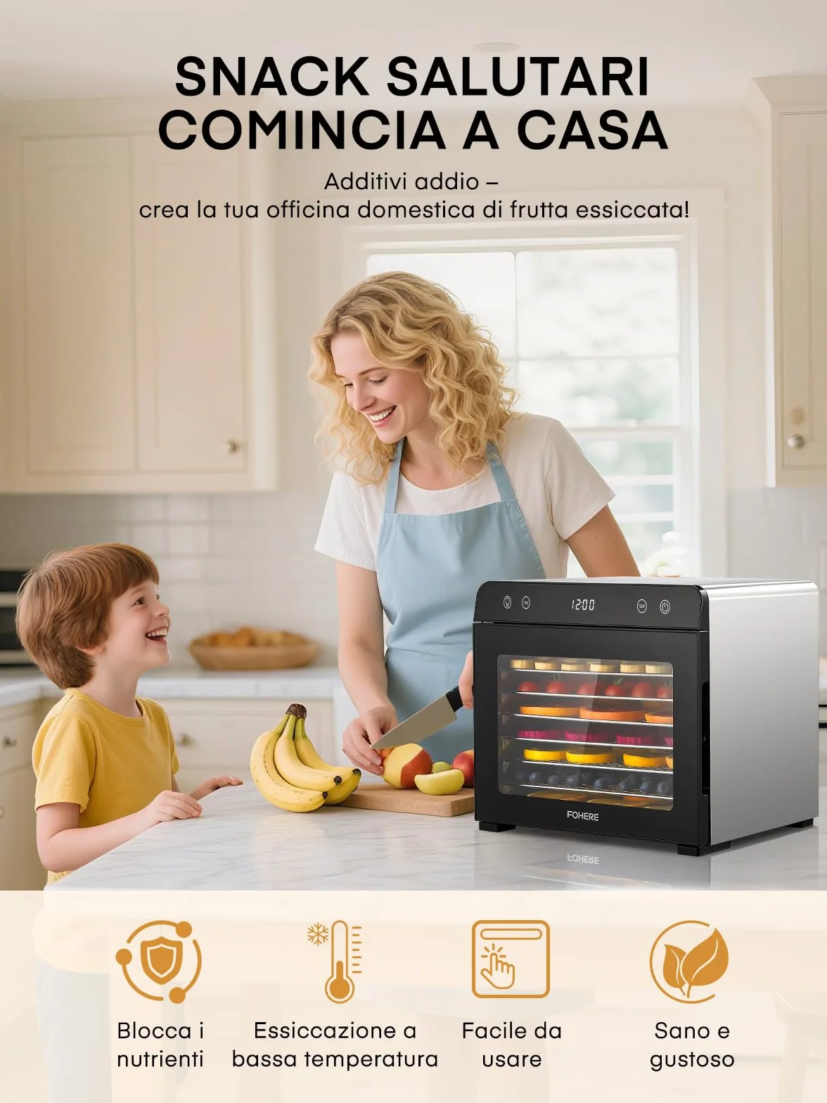 FOHERE Essiccatore Alimentare 8 Vassoi in Acciaio Inox, Silenzioso <40dB per Uso Notturno, Termostato 35-75℃ Timer 48h, per Frutta, Verdura, Carne, Funghi, Erbe, Snack per Bebè