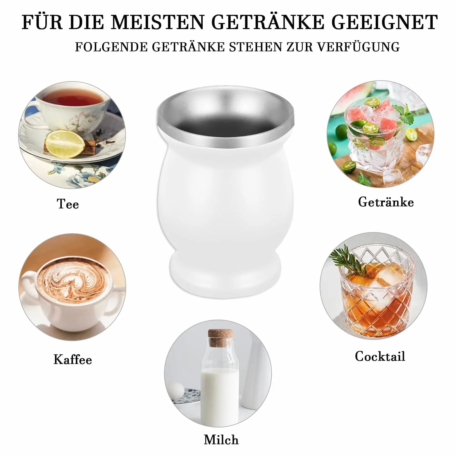 Yerba Mate Cup, Set di Tazze in Acciaio Inox a Doppia Parete 230 ml con Cannuccia e Spazzola, Bianco