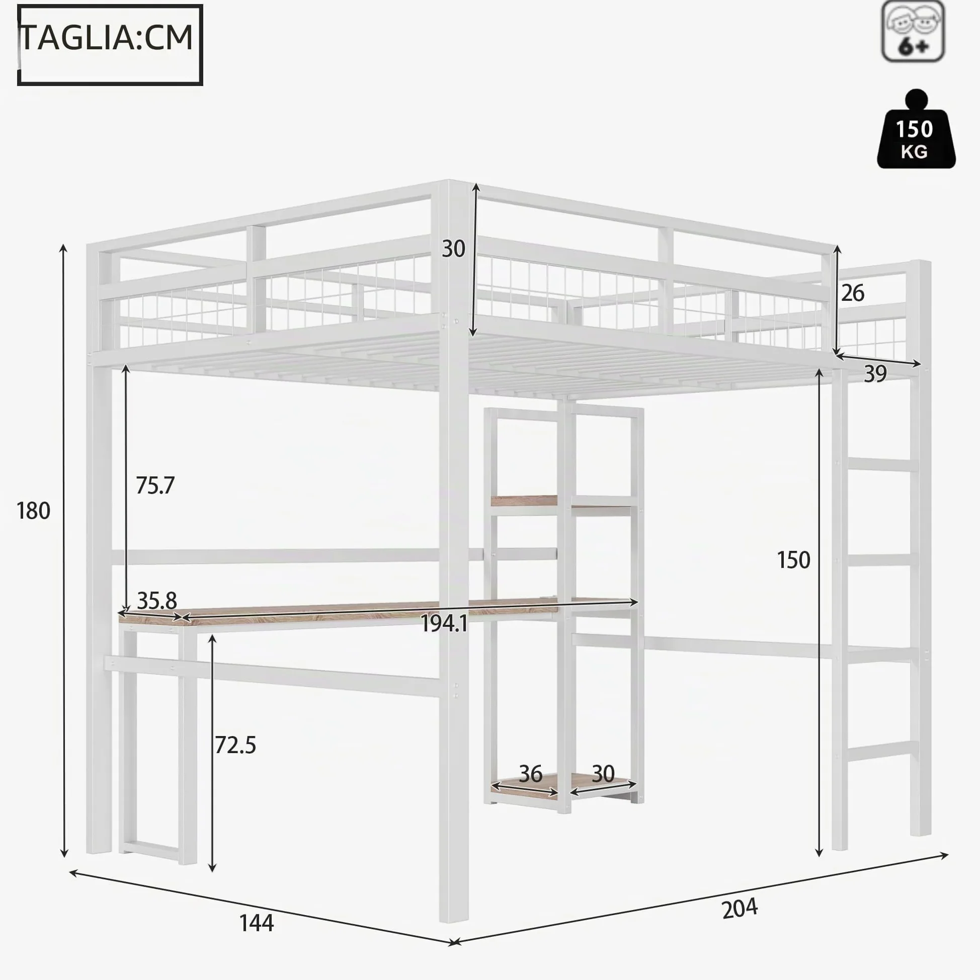 Letto a soppalco in metallo, 140 x 200 cm, scrivania con presa e scaffale, con ricarica USB + Type-c, per bambini, ragazzi e adulti, letto a castello, senza materasso (bianco)