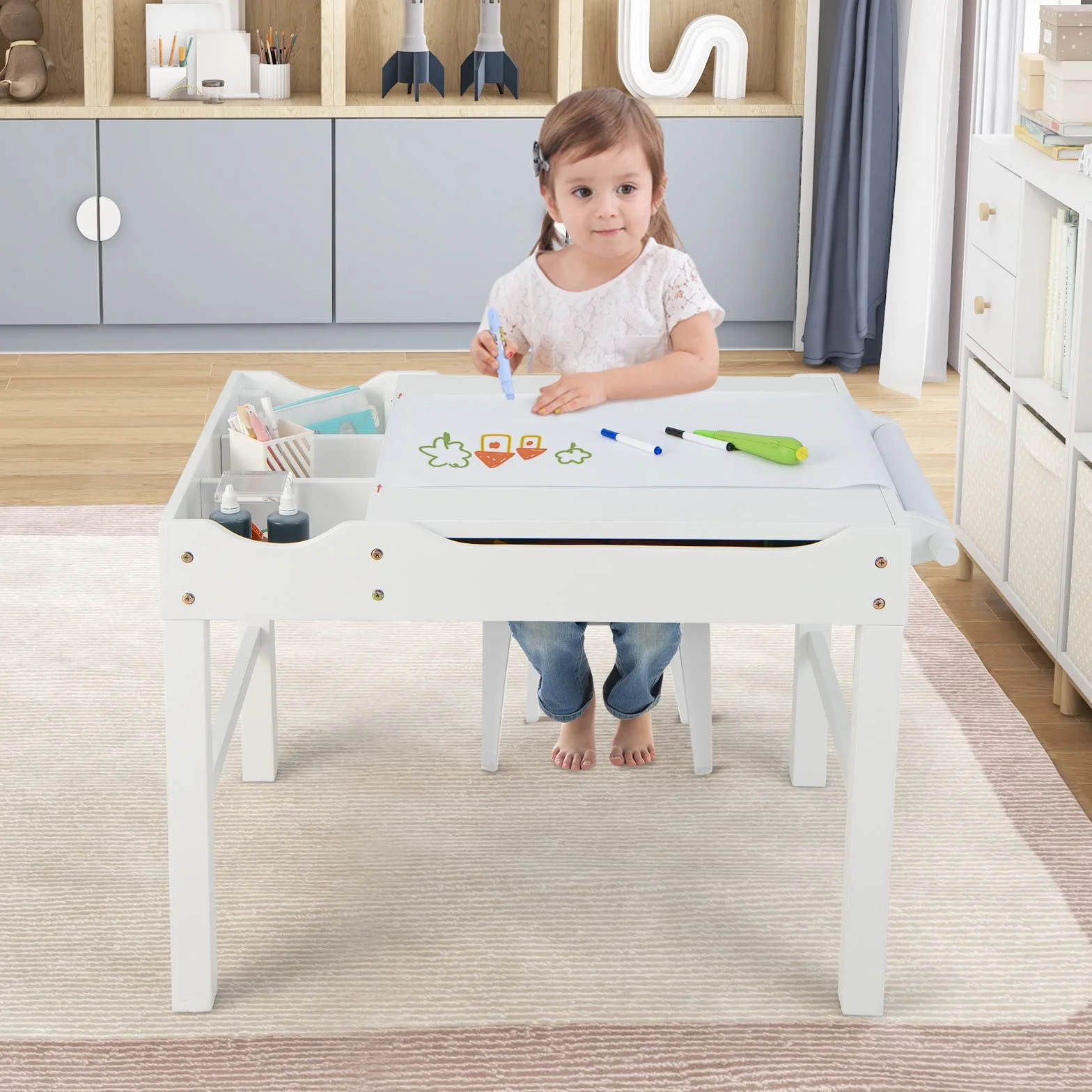 COSTWAY Tavolo da Gioco per Bambini in Legno con Piano Reversibile, Tavolo Multiattività Bambini 2 in 1, Porta Rotolo di Carta da Disegno, per Camera da Letto, Soggiorno (Bianco)