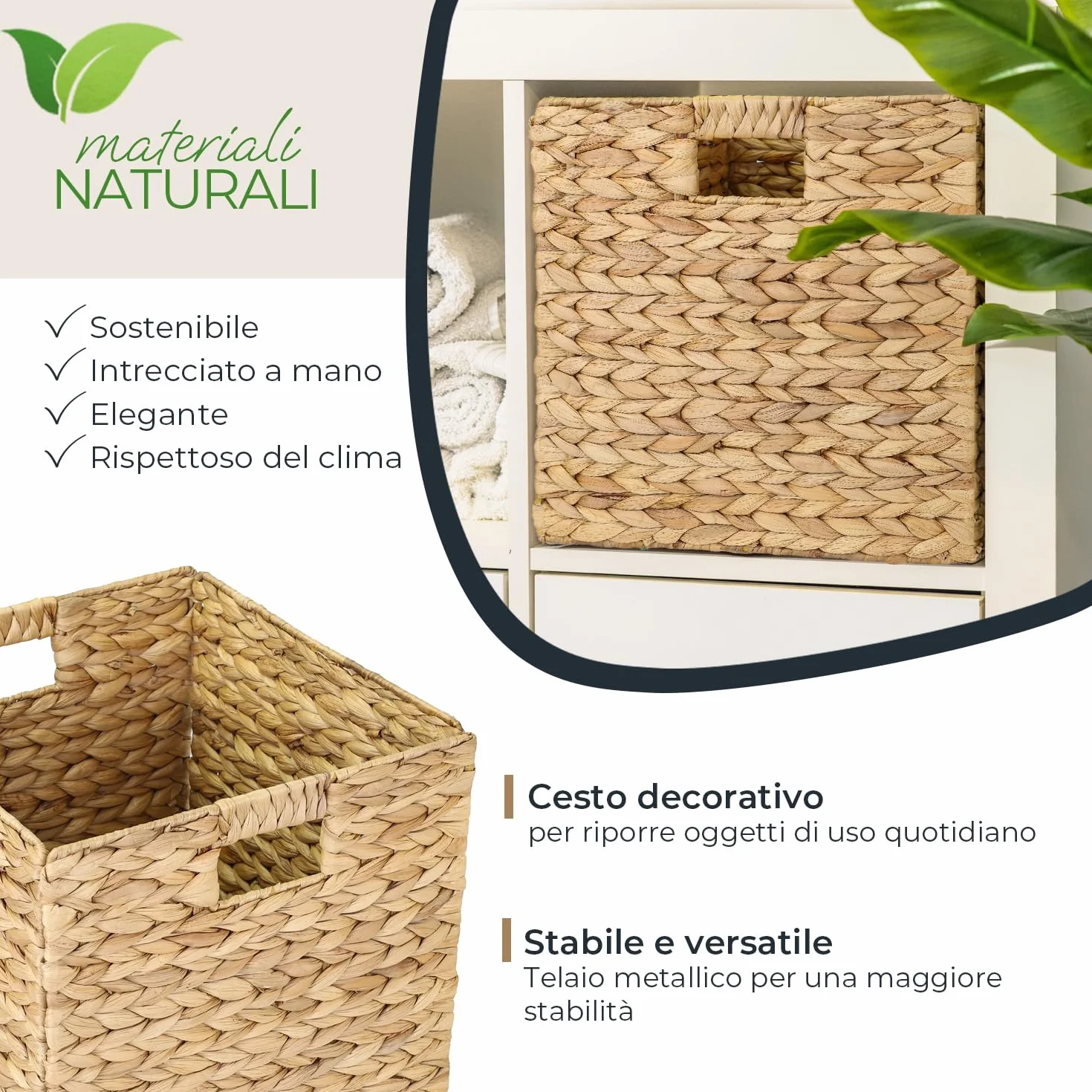 HMF Cestino portaoggetti da scaffale compatibile con Kallax, cestino intrecciato in giacinto d’acqua con manici, inserto per scaffali a cubi | Set da 2 | 32 x 34,5 x 32 cm | Naturale
