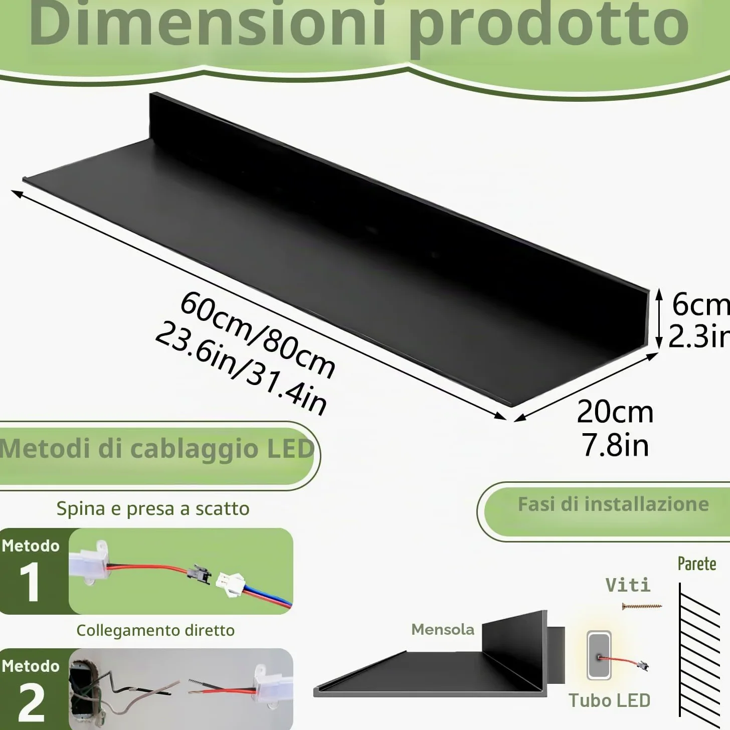 Regali a parete sospesi in metallo simdennr con luci LED, scaffale espositivo a sospensione per soggiorno, cucina, bagno, scaffale espositivo con luci LED integrate, nero, 60 cm