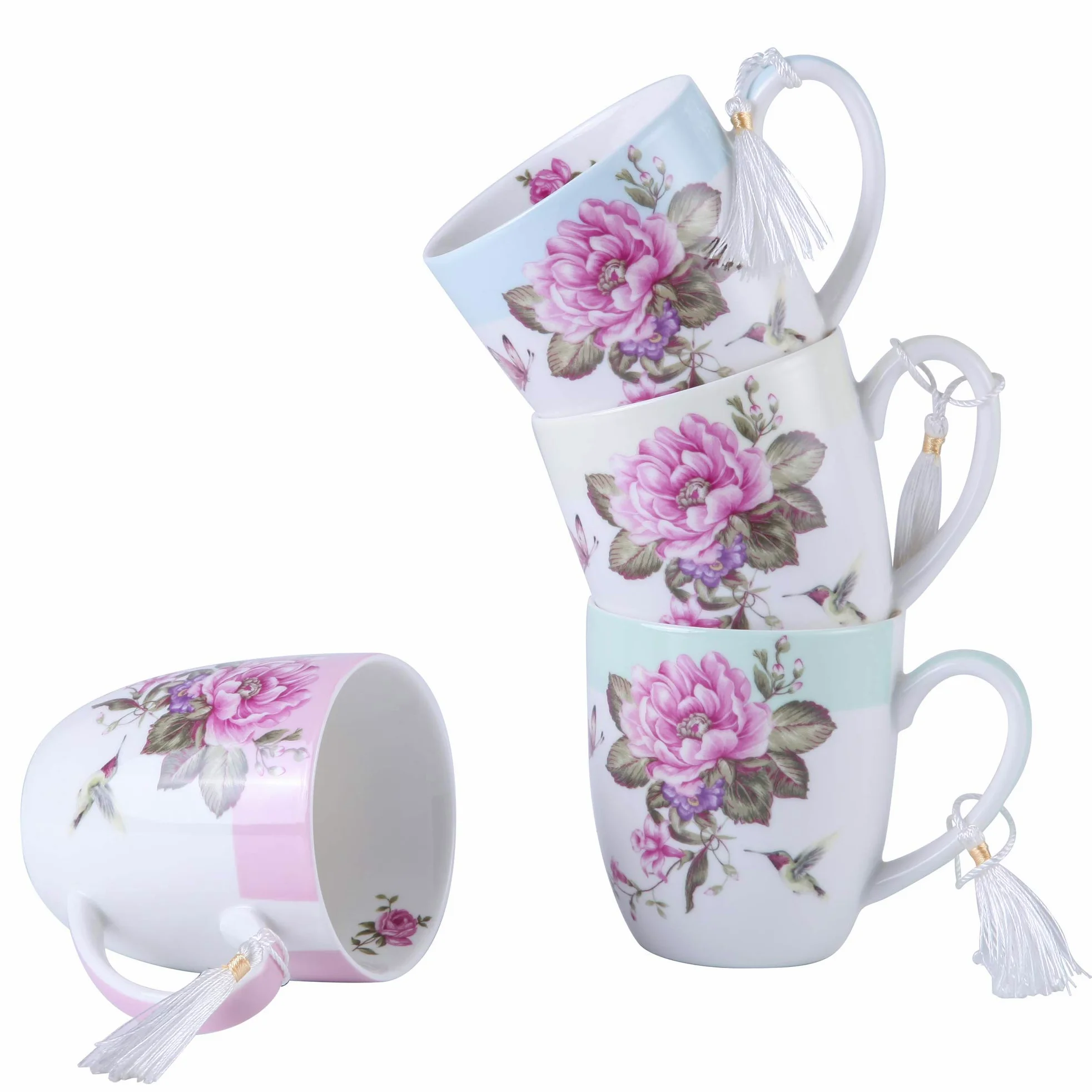 Set di 4 tazze da tè e caffè in porcellana - Design Shabby Chic con uccelli, rose e farfalle in confezione regalo - 330 ml