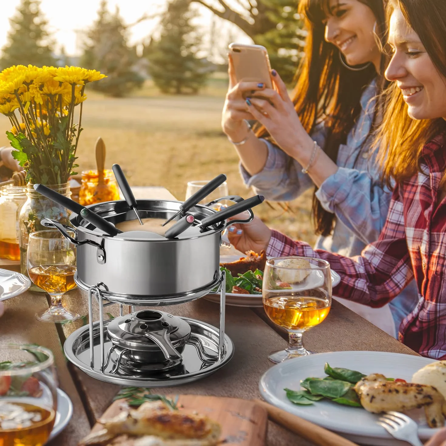 Set Fonduta Formaggio Acciaio Inox 6 Persone Fondue Bourguignonne con Forchette Bruciatori Argento
