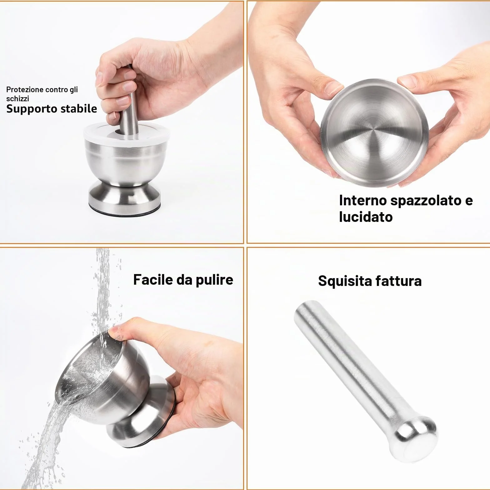 Mortaio con pestello in acciaio inox 250ml per aglio erbe spezie da cucina