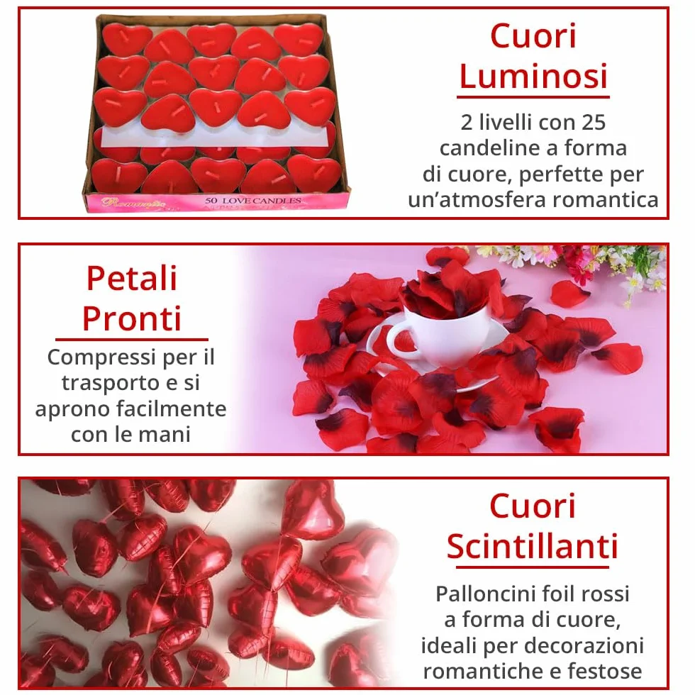 Kit Romantico di 50 Candeline a Forma di Cuore + 1000 Petali di Rosa di Seta + 5 Palloncini Rossi - Decorazioni per Matrimonio, San Valentino e Fidanzamento