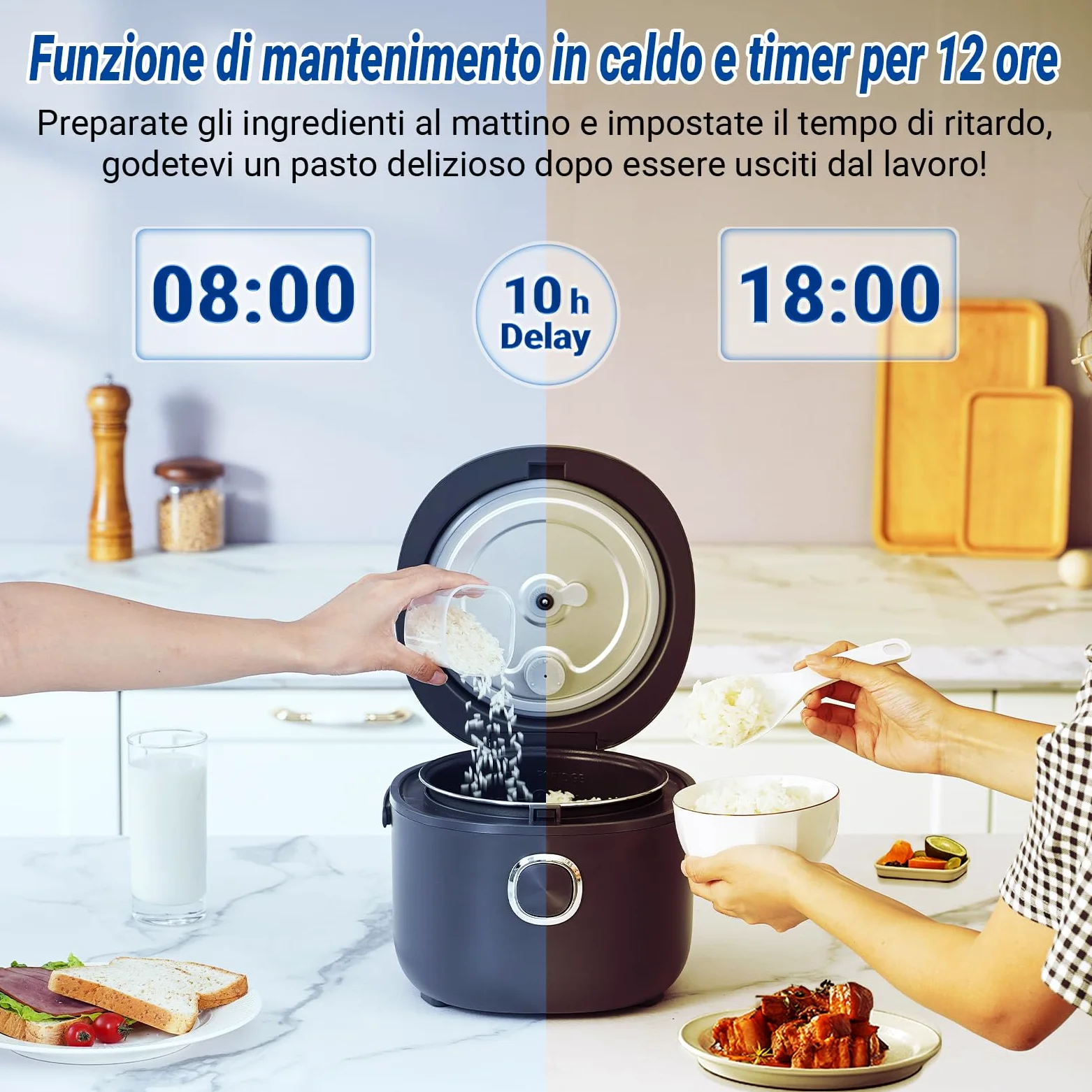 AMZCHEF Mini Cuociriso 2L, Multifunzionale per 1-4 Persone, 4 Tazze (Non Cotte) 400W Rice Cooker, 7 Funzioni di Cottura, con Cestello Vapore Incluso, Preimpostata e Mantenimento in Caldo