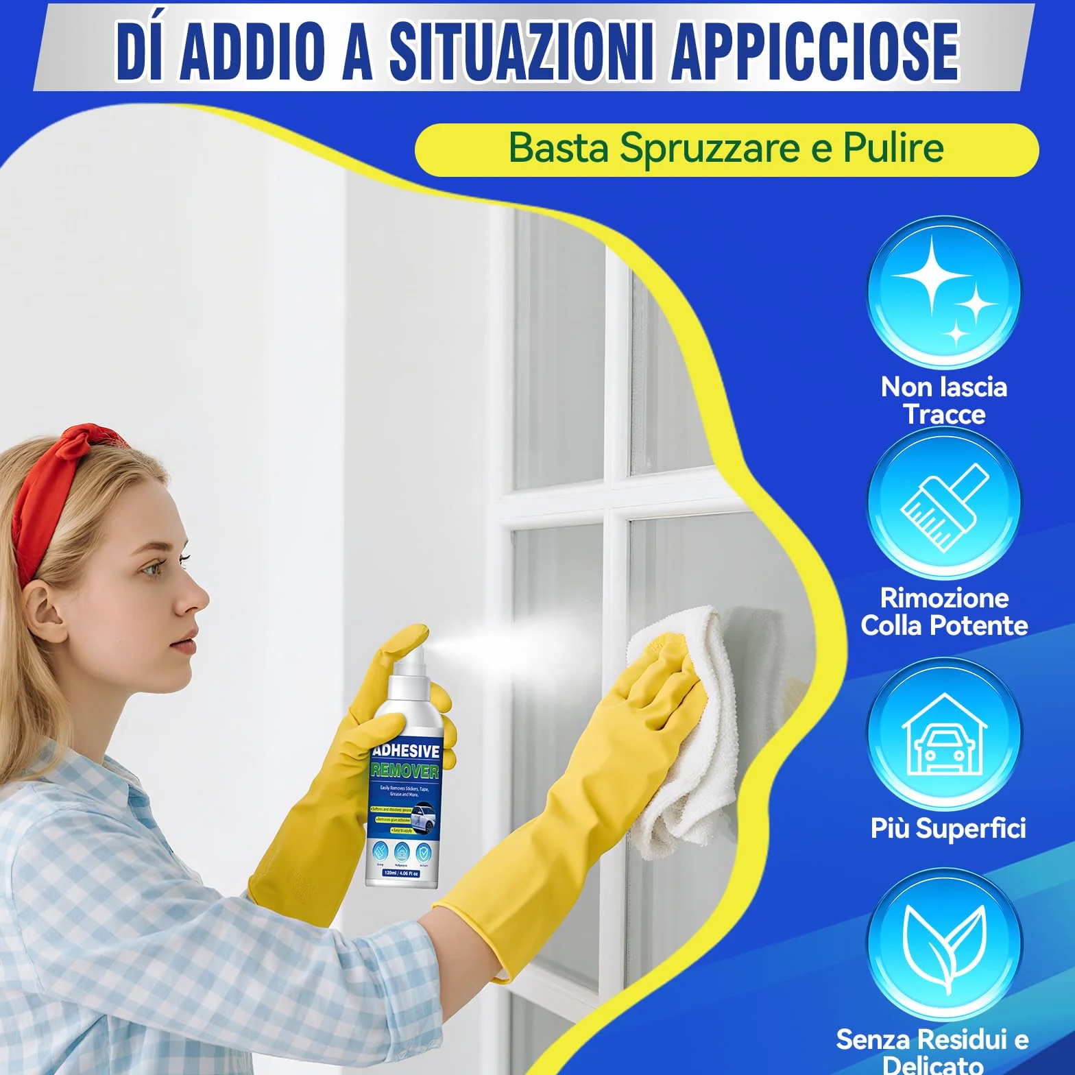 Rimuovi Colla Spray, Potente Rimuovi Colla Adesivi Pulizia dei Residui Appiccicosi, Rimuovi Silicon per Etichette, Adesivi, Nastro Adesivo da Finestre, Vetri, Auto, Legno, Metallo Superfici Multiple