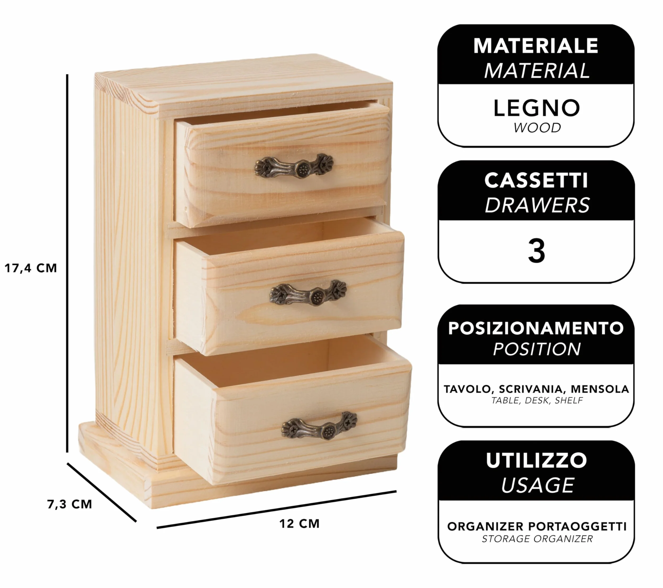 IPEA Legno Organizer da Tavolo 17 cm Mini Cassettiera Portaoggetti e Porta Gioielli per Scrivania