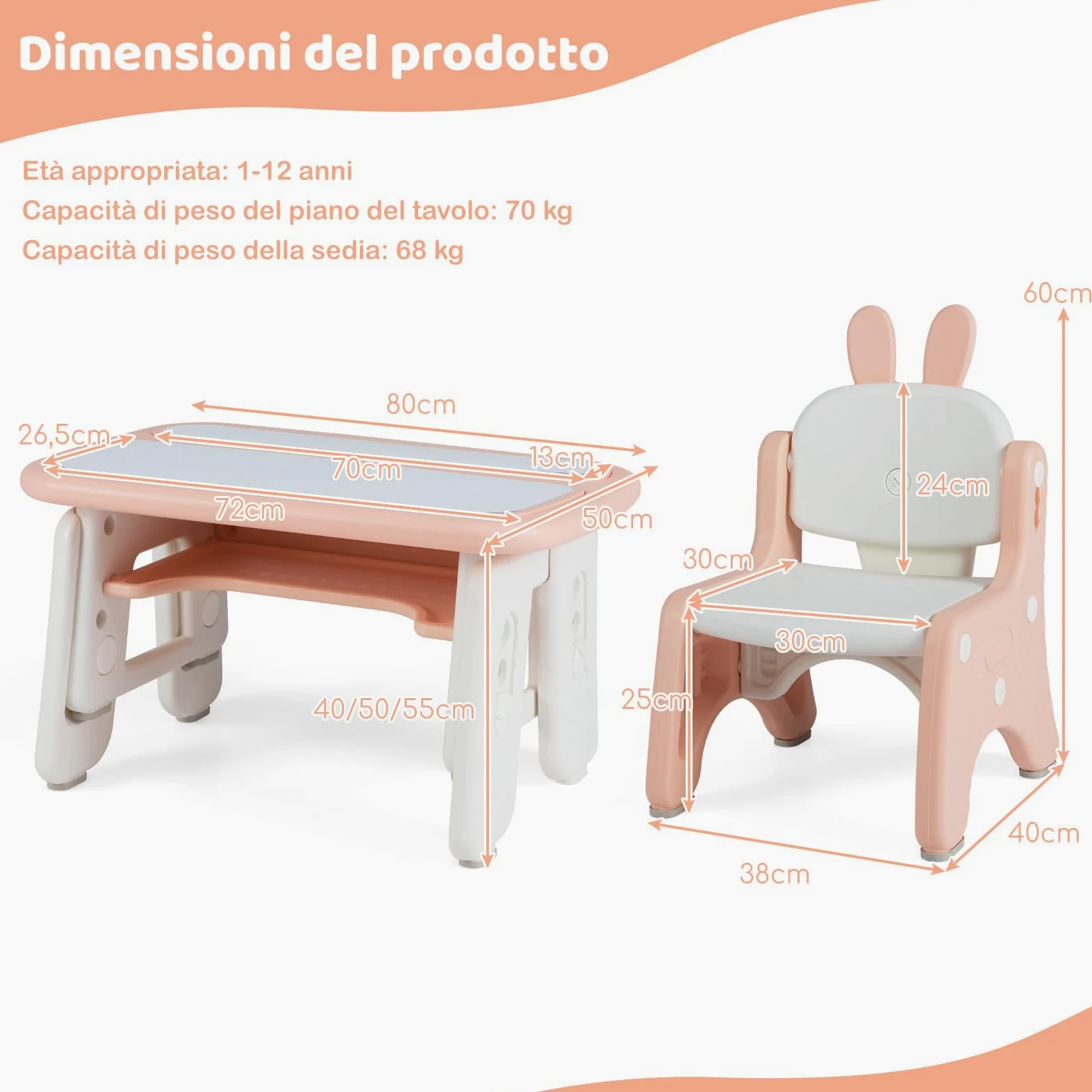 RELAX4LIFE 2 in 1 Set Tavolo e Sedia per Bambini con Lavagna Doppia Faccia Magnetica e Cancellabile, Altezza Regolabile, Cestello Portaoggetti, Tavolino per Bambini 1-12 Anni (Rosa)