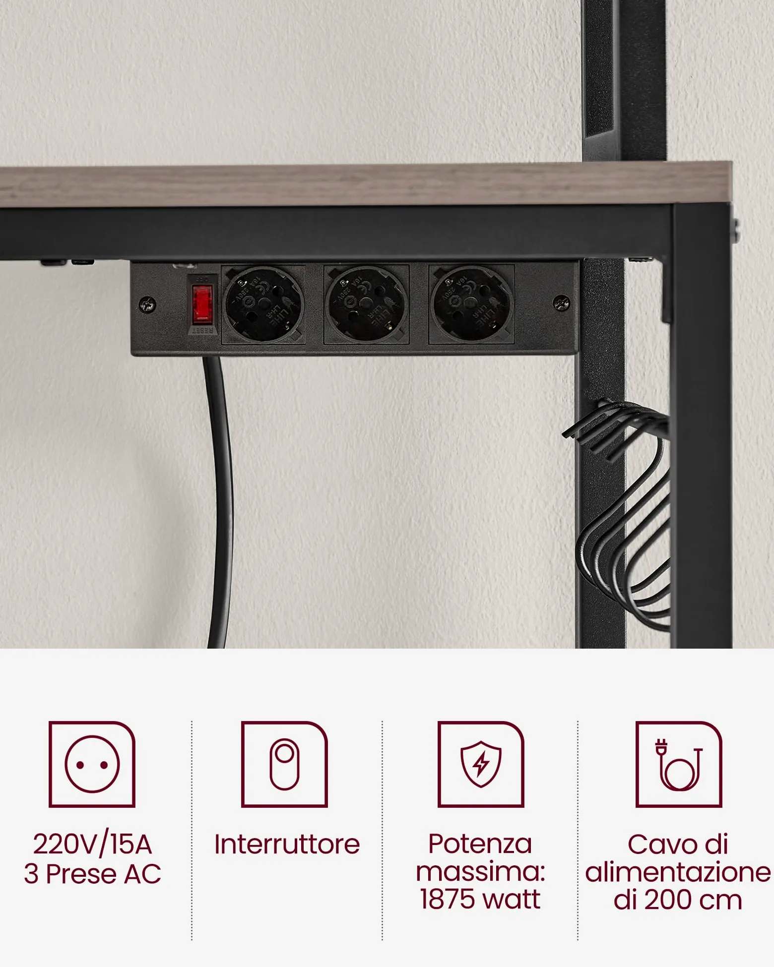 VASAGLE Scaffale Cucina con Multipresa, Scaffale per Microonde, Mobile Cucina, con Pannello a Rete Metallica, 14 Ganci, 40 x 60 x 170 cm, Greige e Nero KKS037B02EU