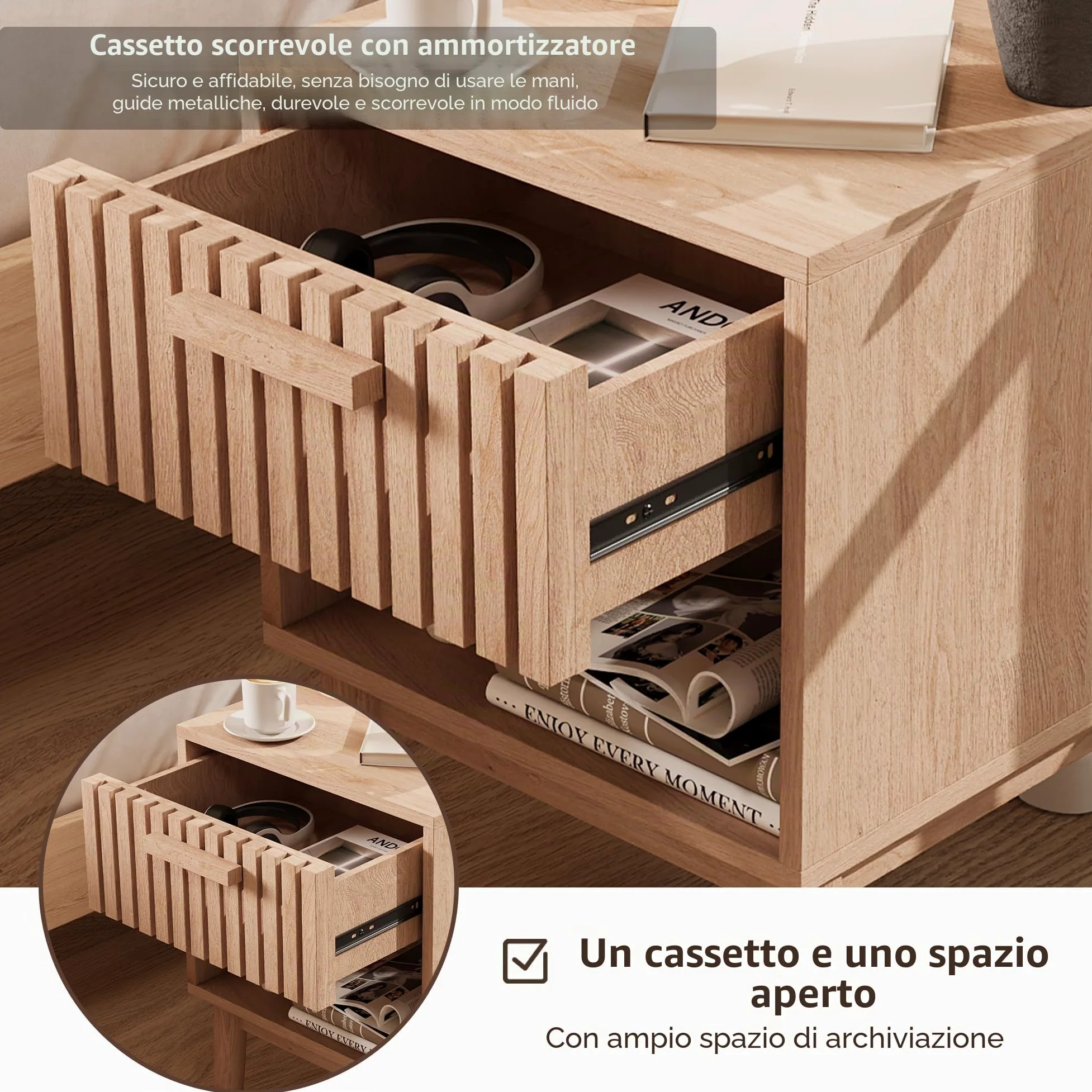 Set di 2 comodini da notte con cassetti e ripiano aperto, tavolino in legno con spazio di archiviazione, comodini moderni in stile boho per camera da letto, soggiorno, 40x35x55cm, colore