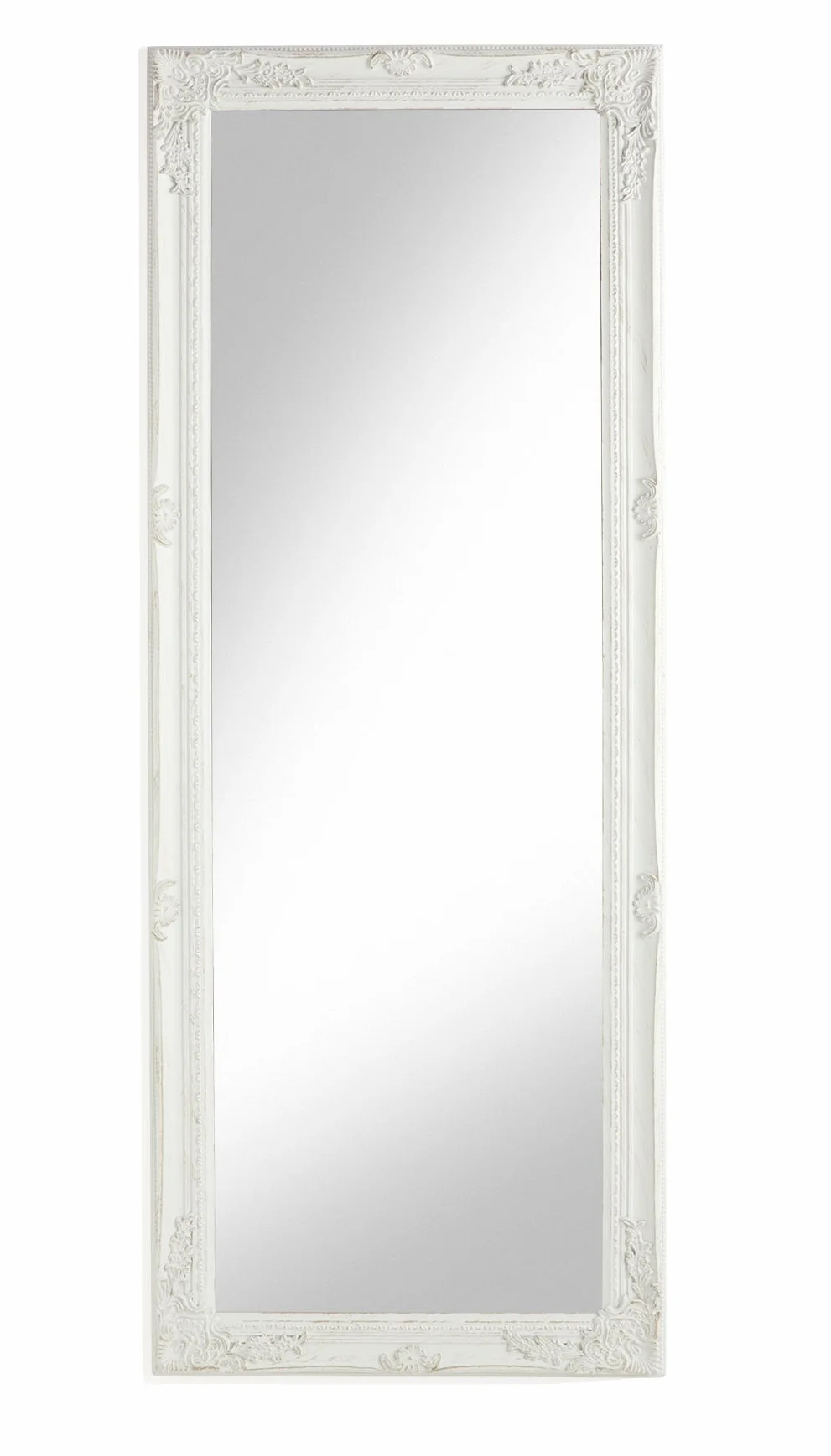 Baroni Home Specchio in Legno Bianco con Cornice Shabby, Specchiera da Parete Rettangolare per camera da letto, bagno o soggiorno, Specchio Shabby Bianco Anticato, 55x142 cm