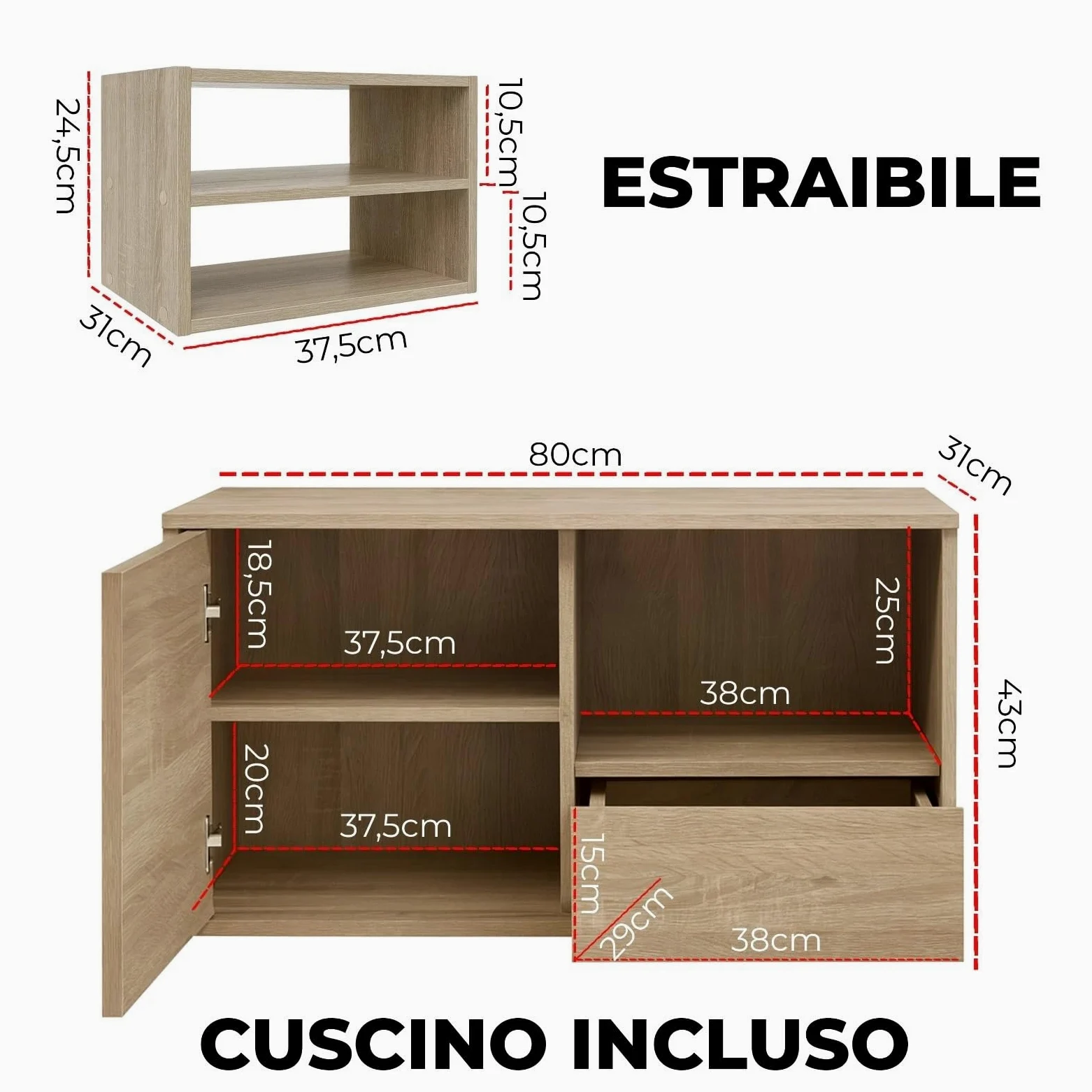 MAKA Scarpiera Panca Ingresso con Seduta, Portascarpe con Cuscino Imbottito L80xP35xA46, Capacità Seduta 200 Kg, Scarpiera con Scomparti a Scaffale, Legno Resistente (Bianco)