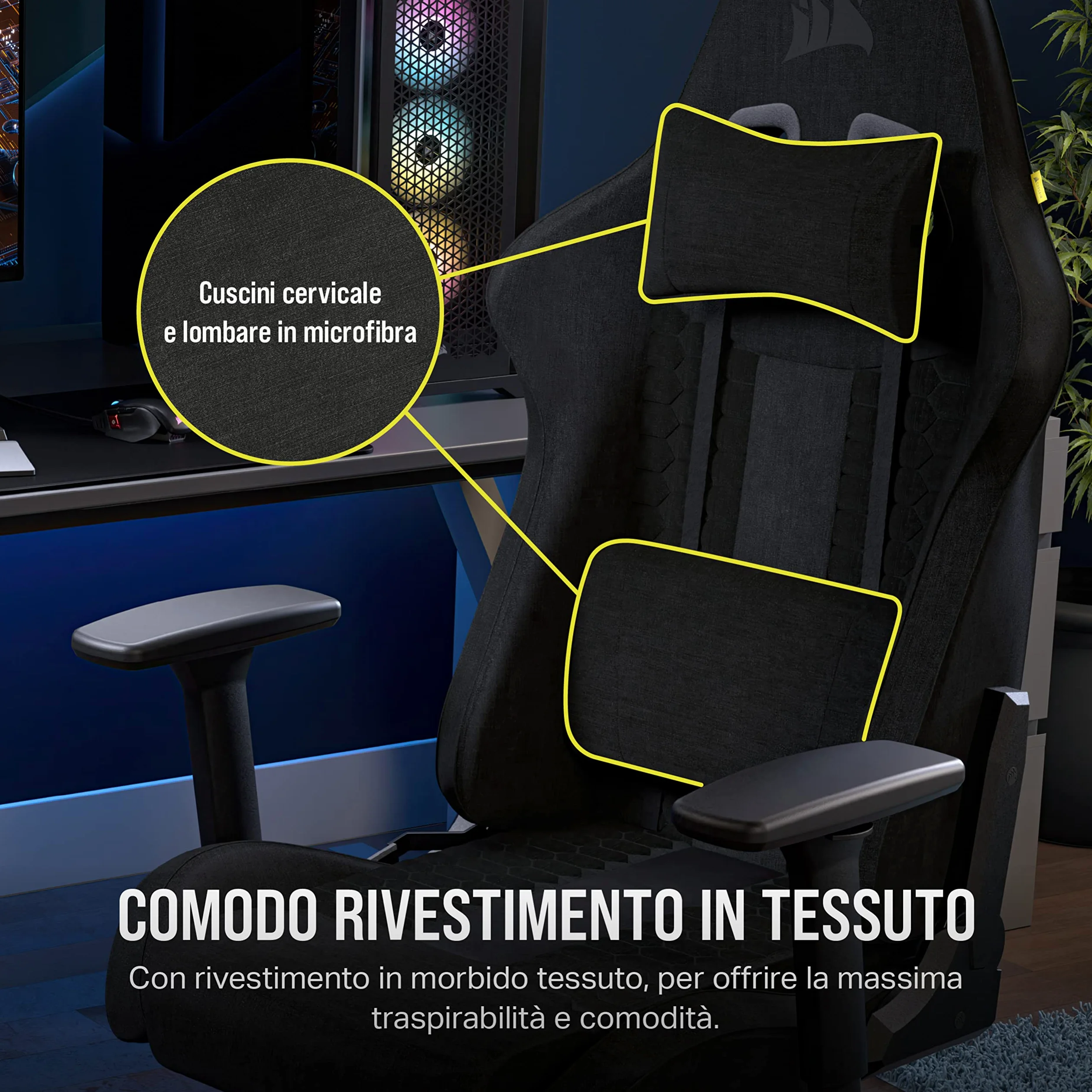 Corsair TC100 Relaxed-Rivestimento in Tessuto Gaming Chair, Nero | Rivestimento in Tessuto, Design Ispirato ai Sedili Sportivi, Cuscino Lombare, Cervicale in Memory Foam, Braccioli Regolabili