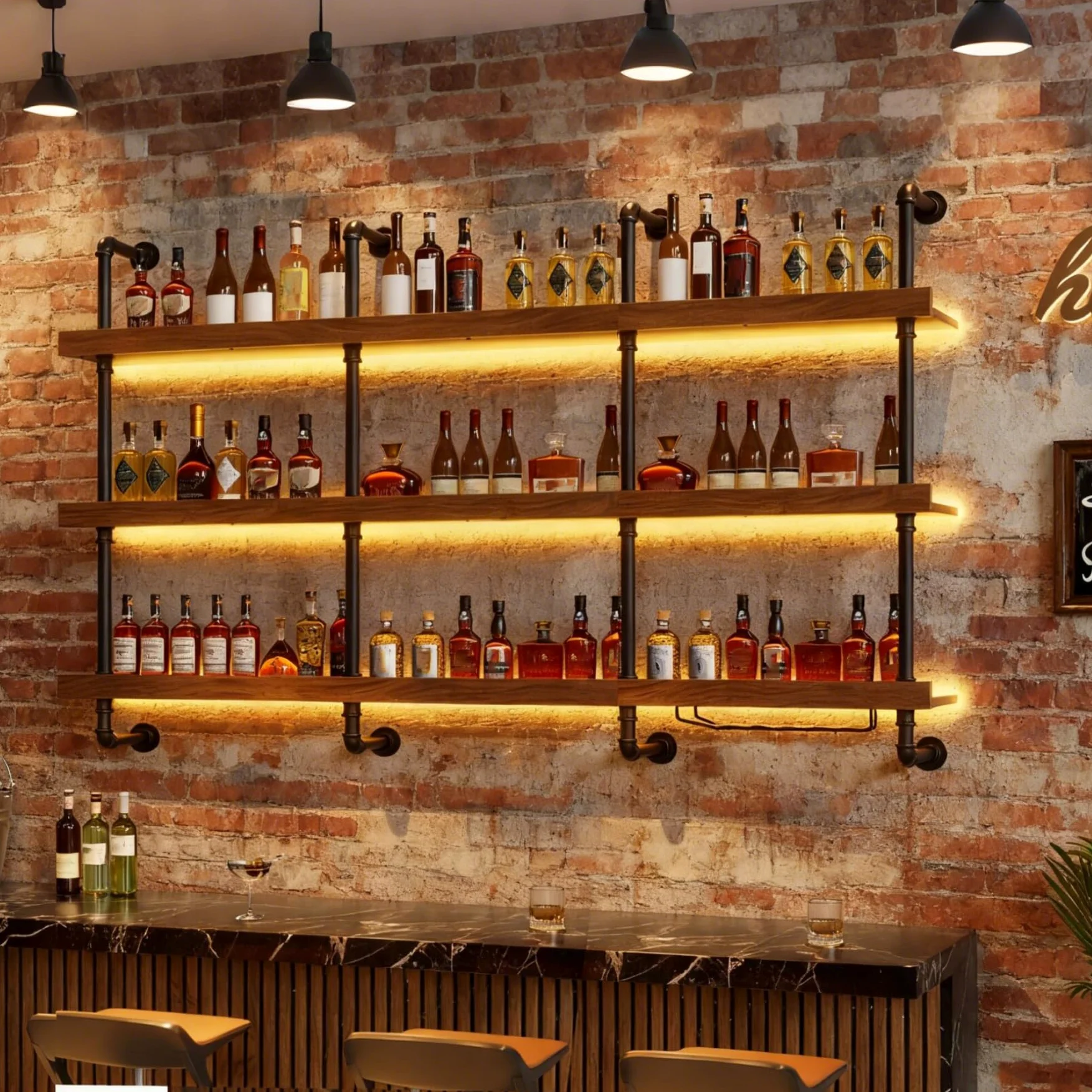 Portabottiglie da Parete in legno Massello, Grande Espositore per Bottiglie di Vino in Industriale Vetrinetta da Bar Con Luce LED,Scaffale Galleggiante Per Cucina, Bar, Caffetteria (80cm)