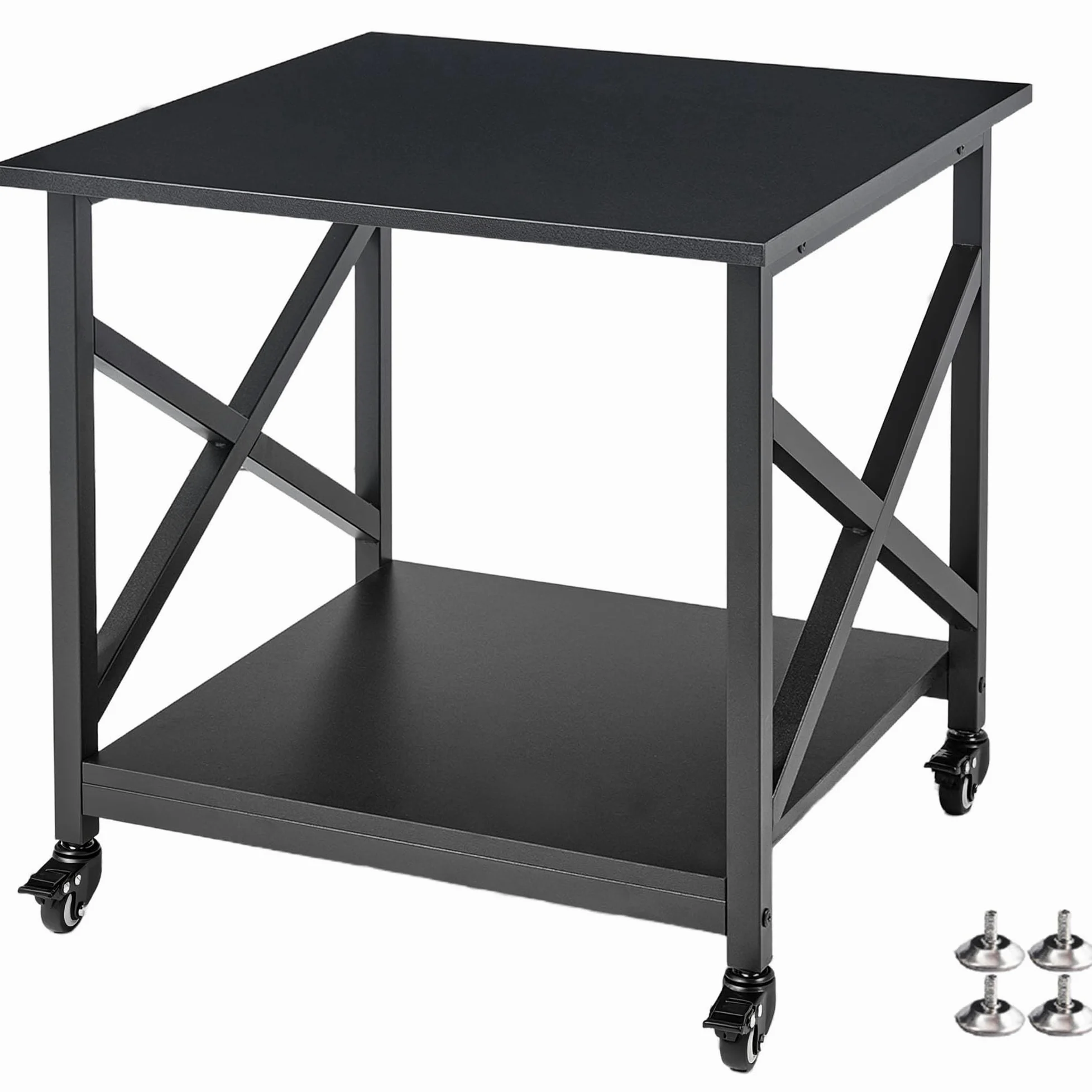 Fannova Supporto per stampante quadrato a 2 ripiani, 60 x 50 x 50 cm, con ripiano portaoggetti, carrello per stampante con ruote industriali, per casa e ufficio, mini frigorifero, nero